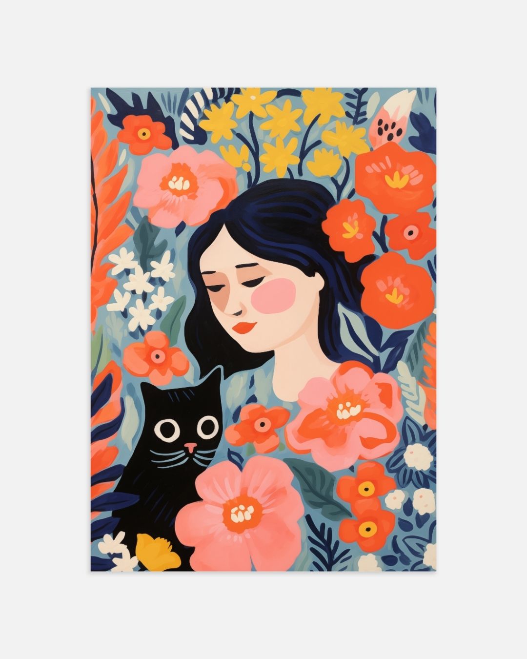 Meisje en kat in bloemen Poster
