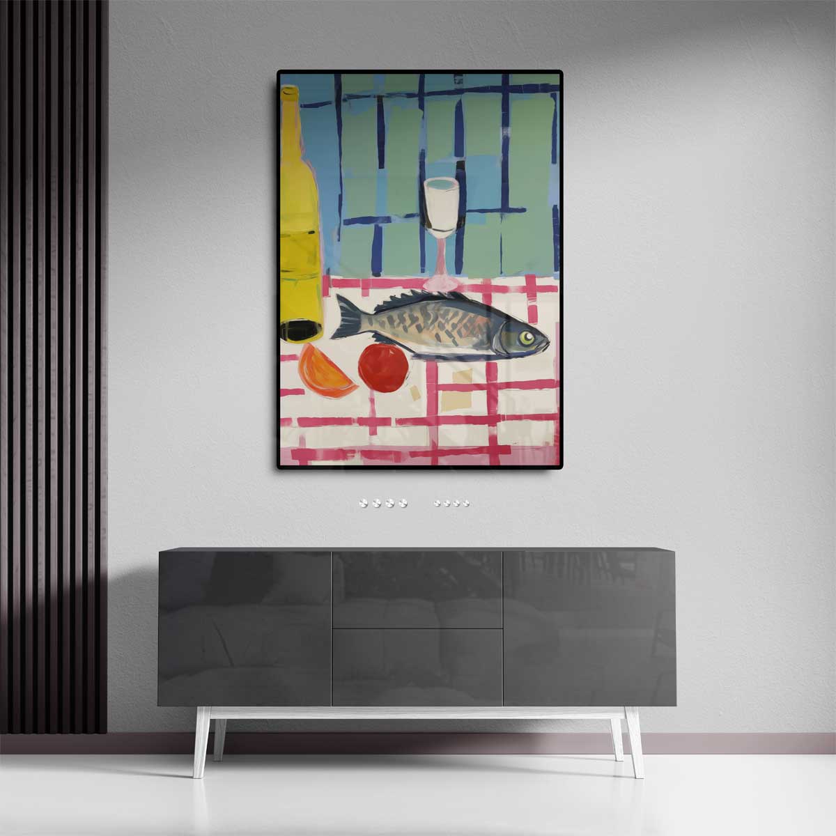 Fish with wine on a checkered tablecloth