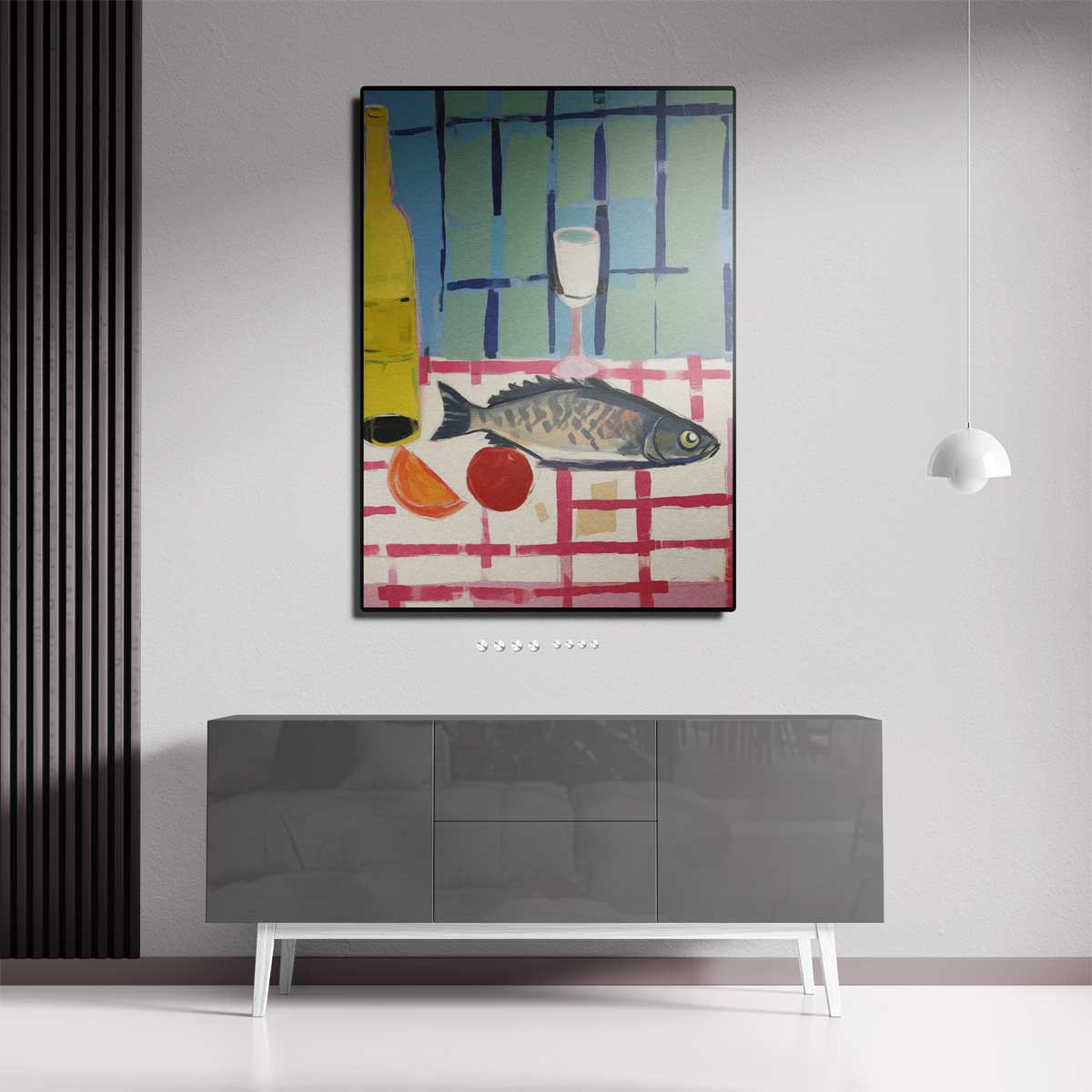 Fish with wine on a checkered tablecloth