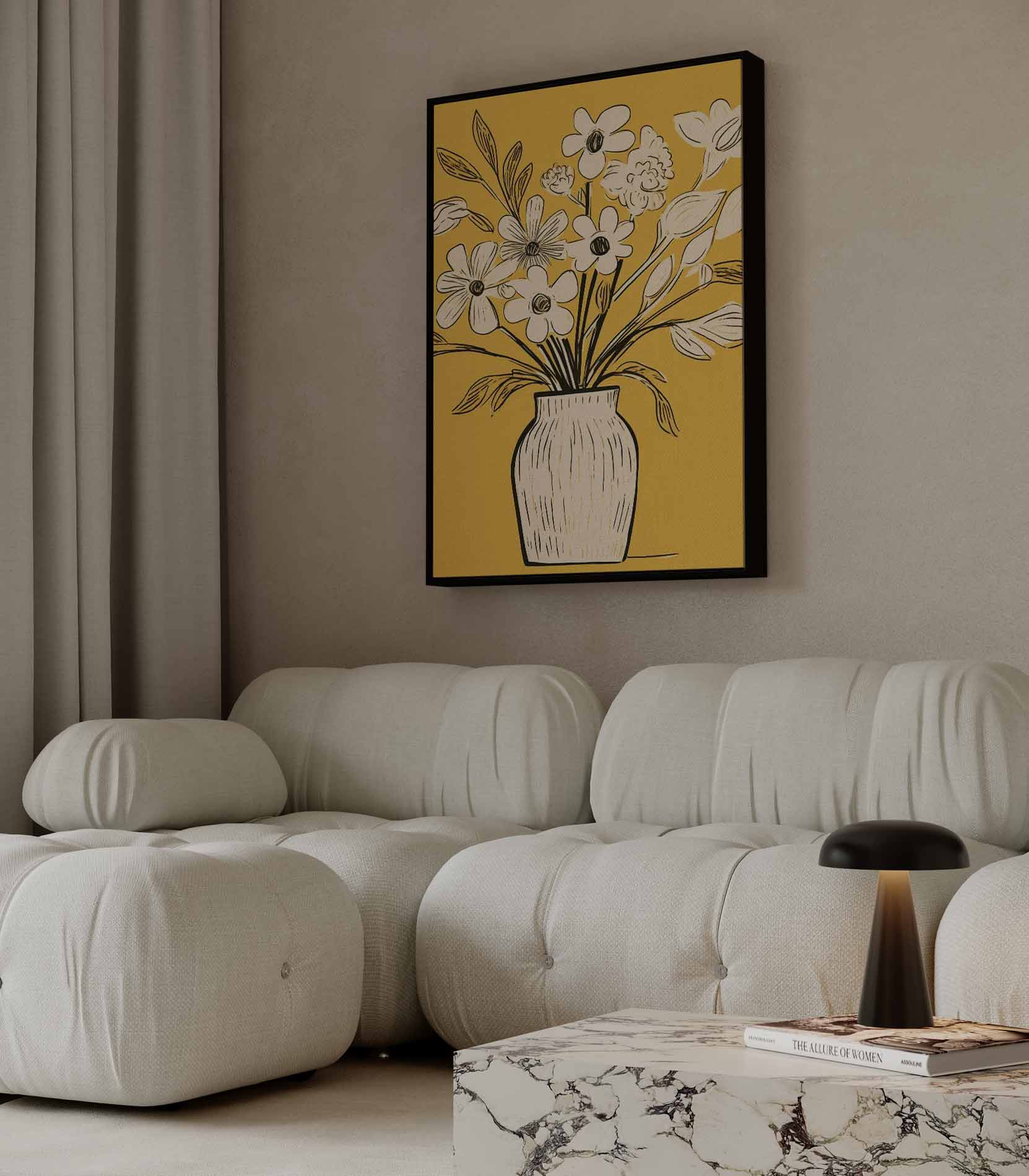 Vase with flowers on yellow