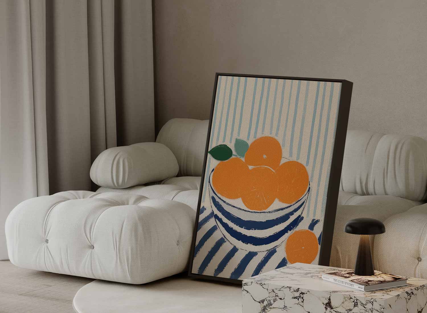 Blauwe kom met sinaasappels op gestreept tafelkleed Kunstwerk-canvas-dibond-plexiglas-wanddecoratie-WallArtistic