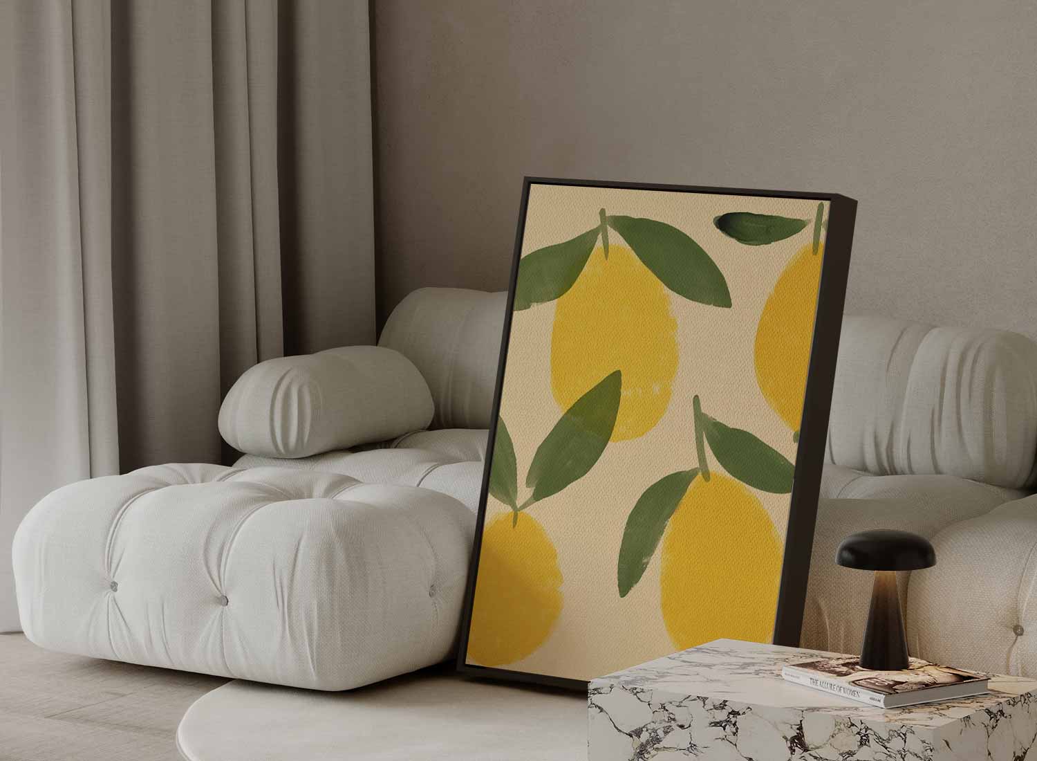 Lemons with leaves on a beige background