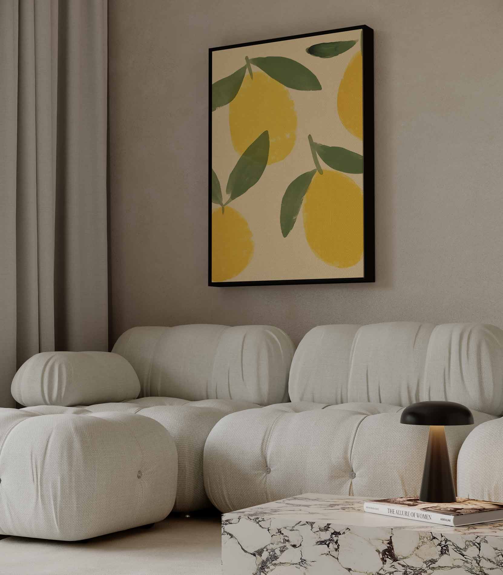 Lemons with leaves on a beige background