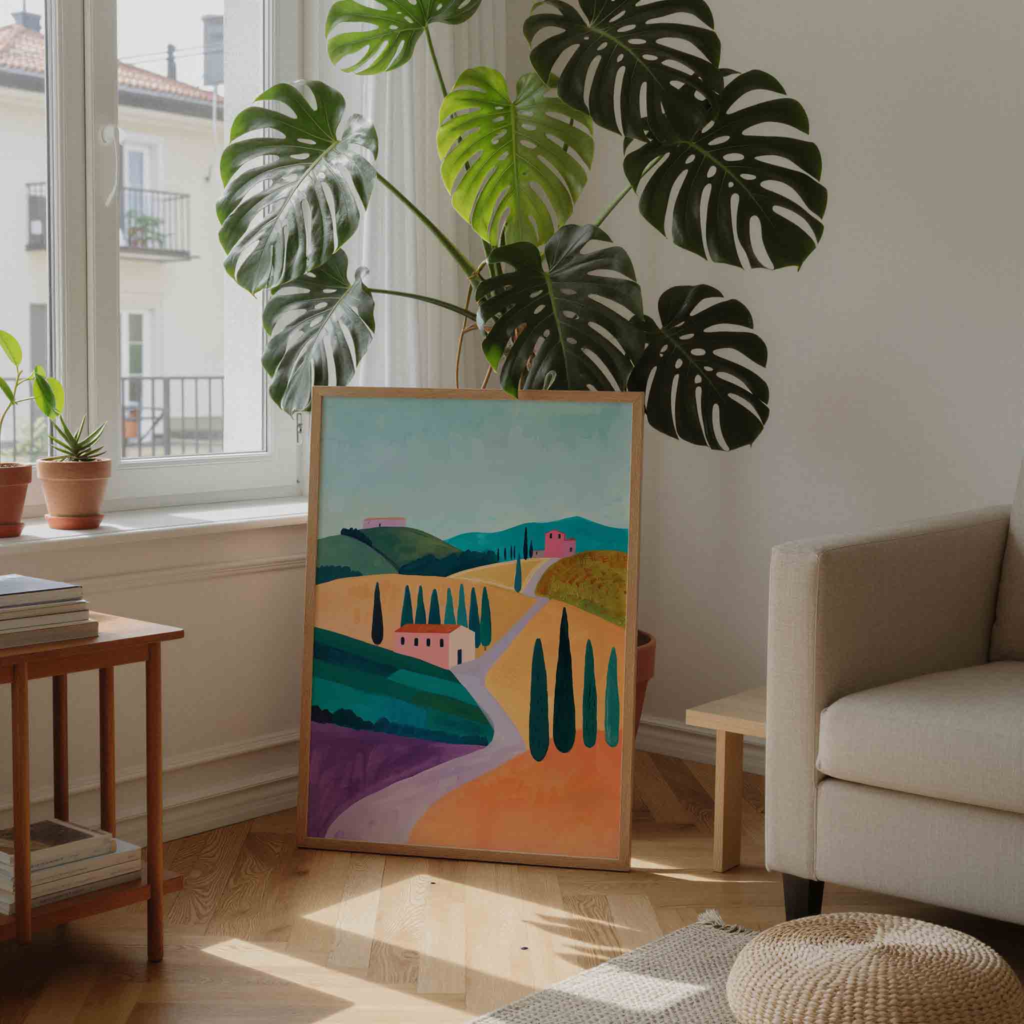 Landschap met heuvels en huizen Poster
