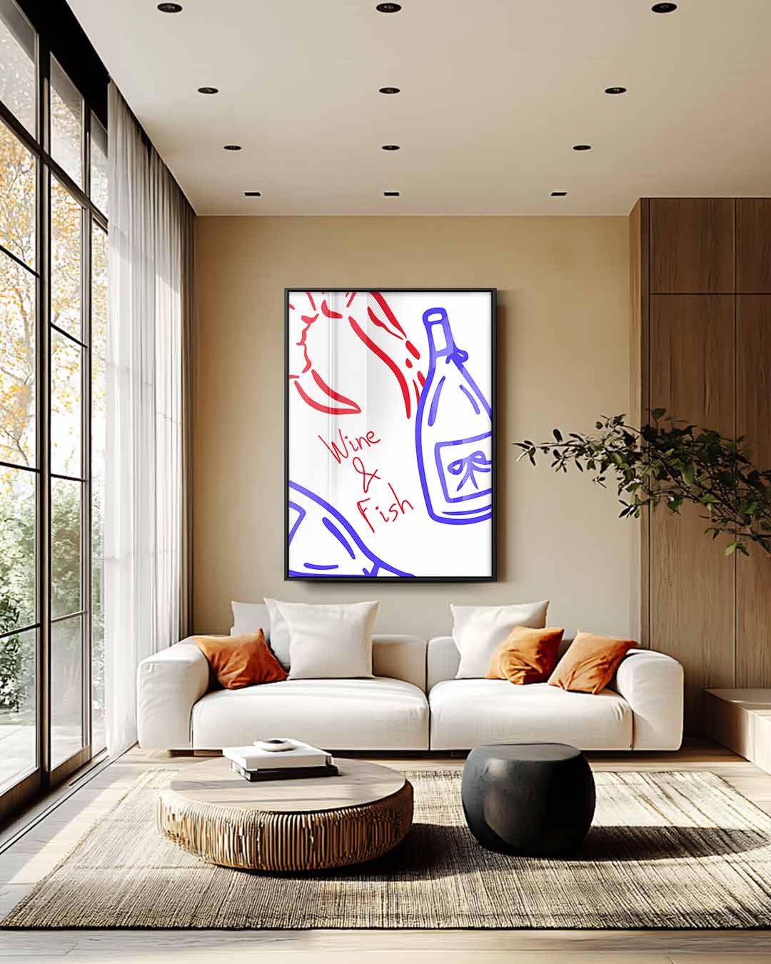 Wijn en Vis Illustratie Kunstwerk-canvas-dibond-plexiglas-wanddecoratie-WallArtistic