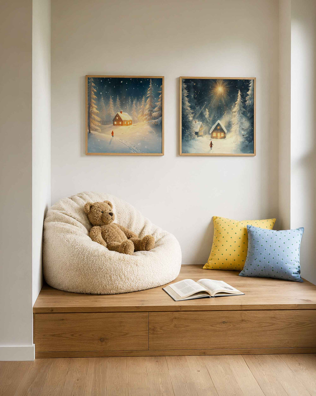 Interieurpresentatie van een tweedelige vierkante posterset met besneeuwde boshuisjes