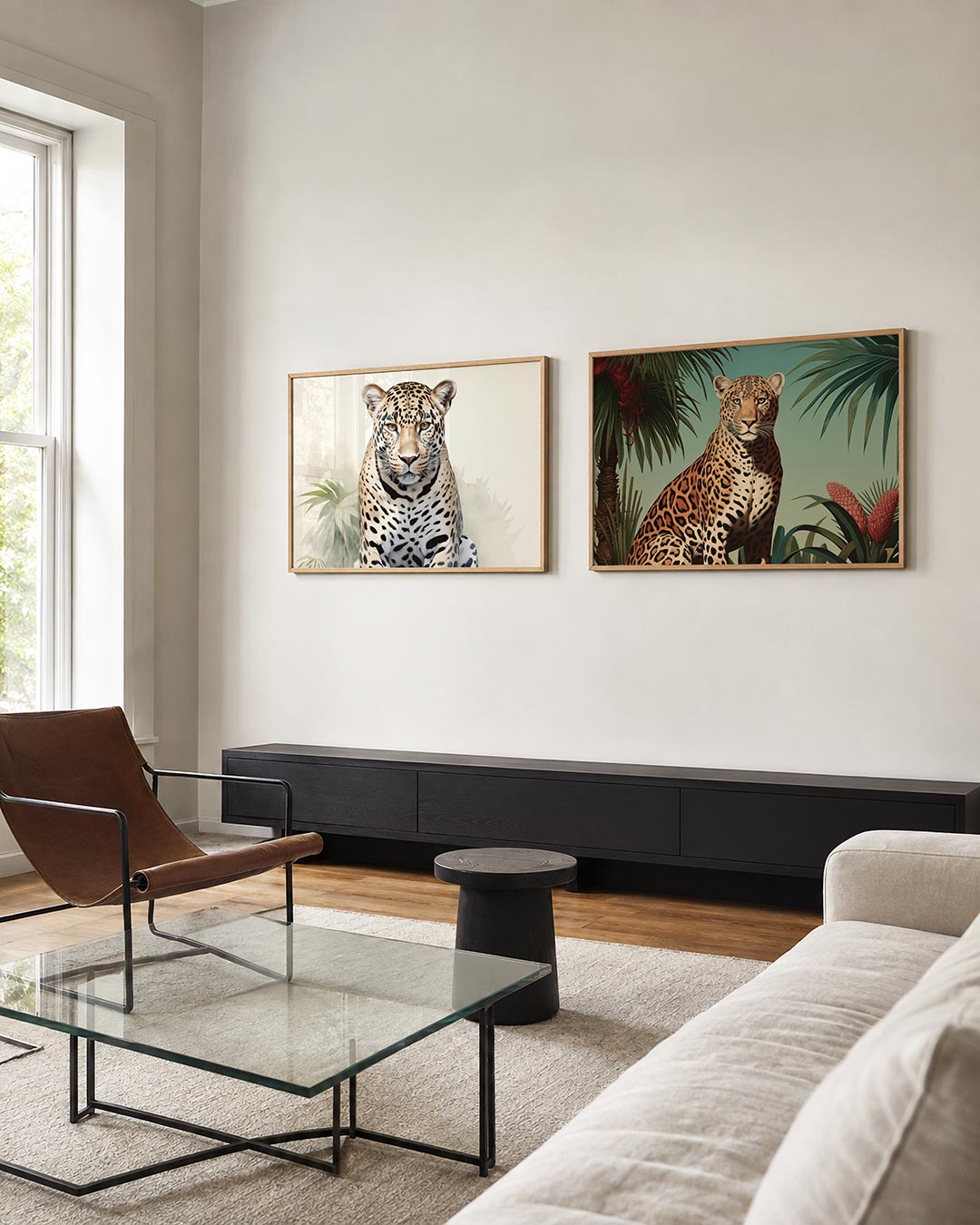 Tweedelige posterset met een luipaard tussen groene bladeren tegen een lichte achtergrond, getoond in een interieur