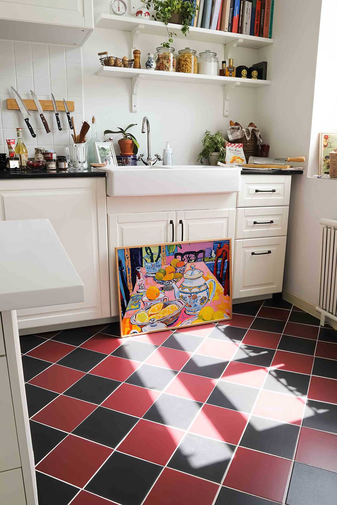 Fruit en theepot op tafel Poster