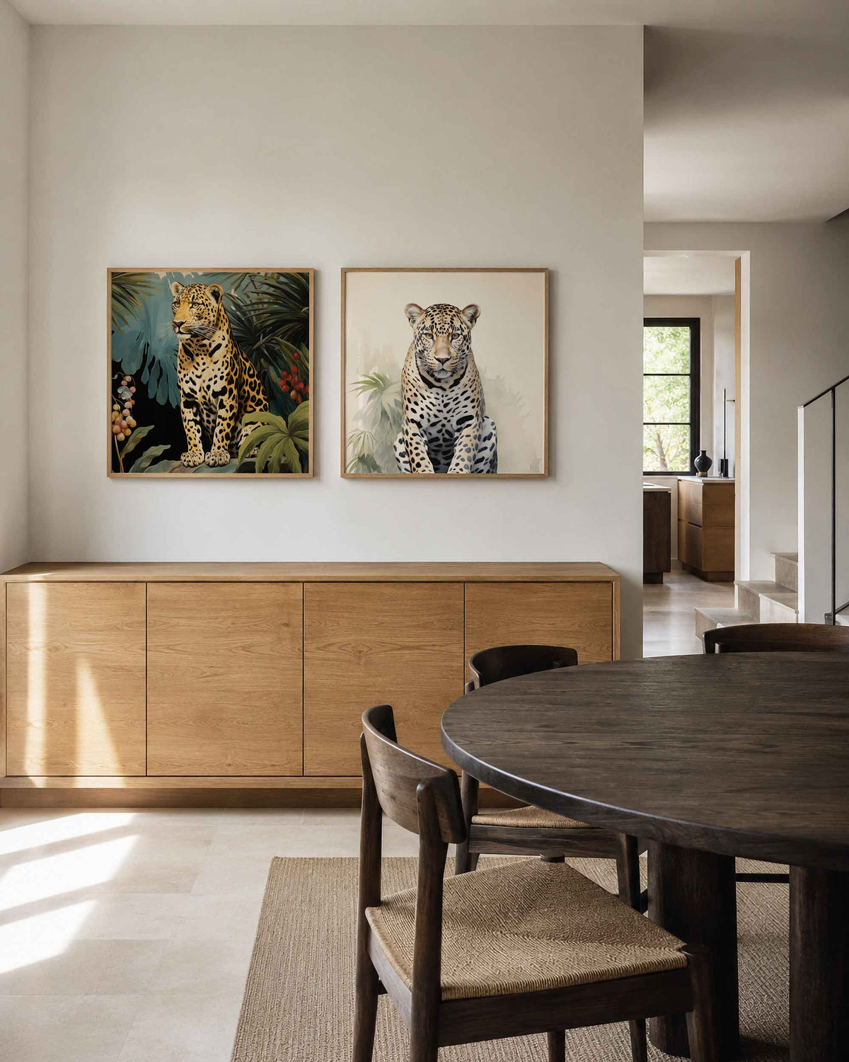 Interieurpresentatie van een tweedelige vierkante posterset met luipaarden in het groen