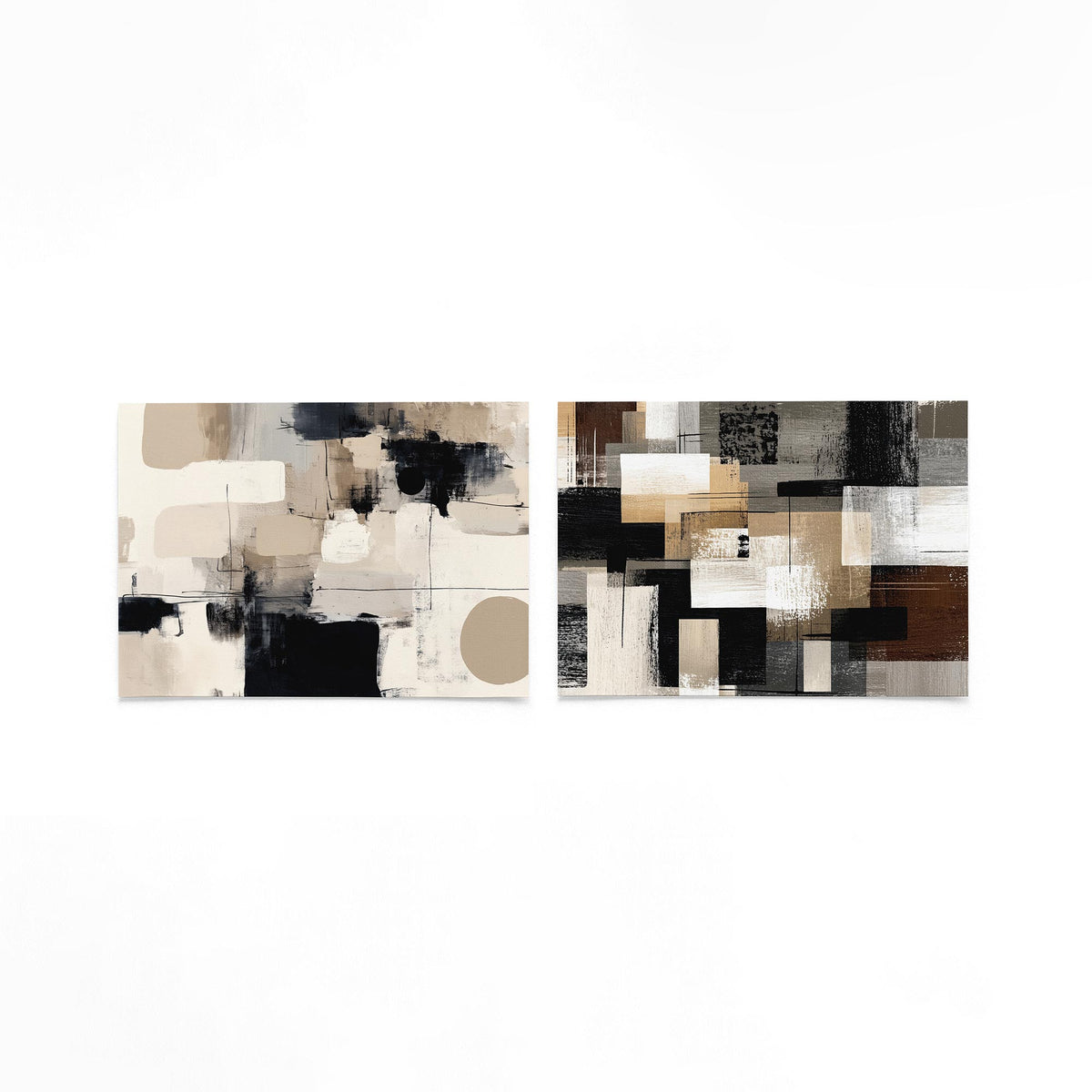 Twee liggende posters met beige, zwarte en witte kleurvlakken met rechte lijnen en cirkels op een gebroken witte achtergrond