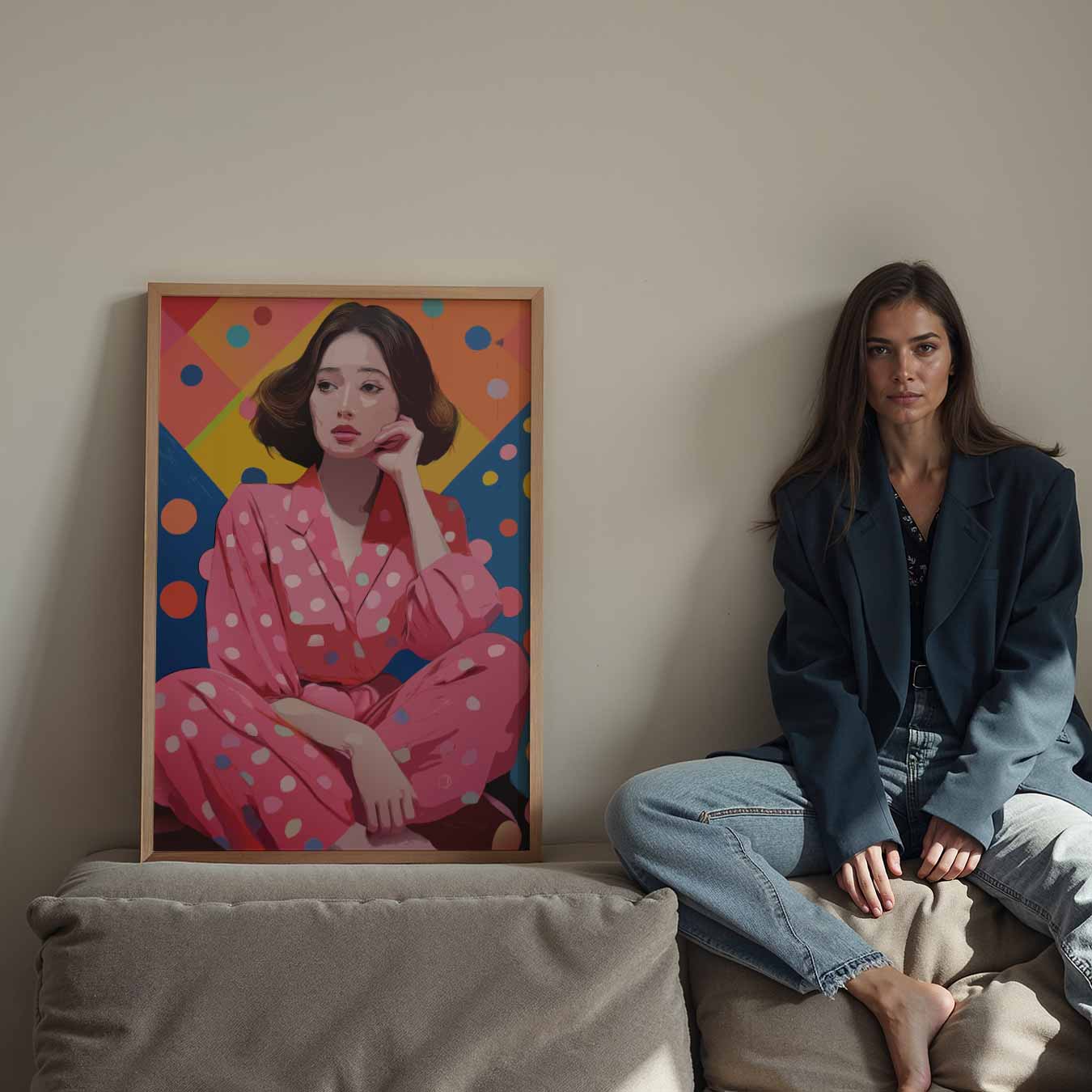 Vrolijke Vrouw in Stippen Poster-WallArtistic