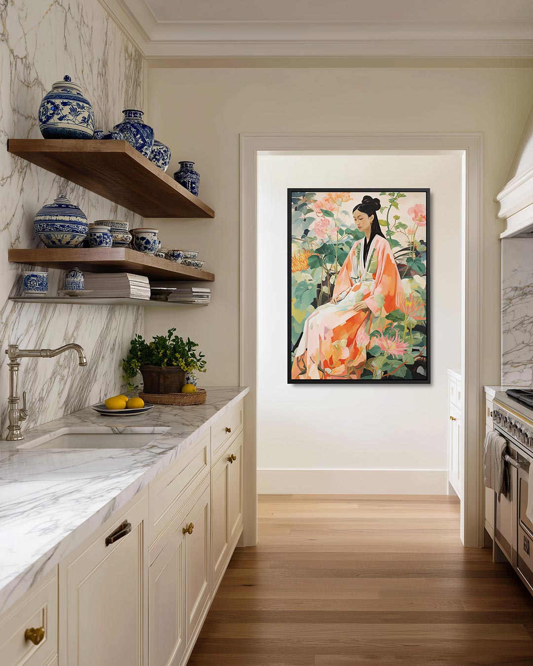 Vrouw in bloemen Kunstwerk