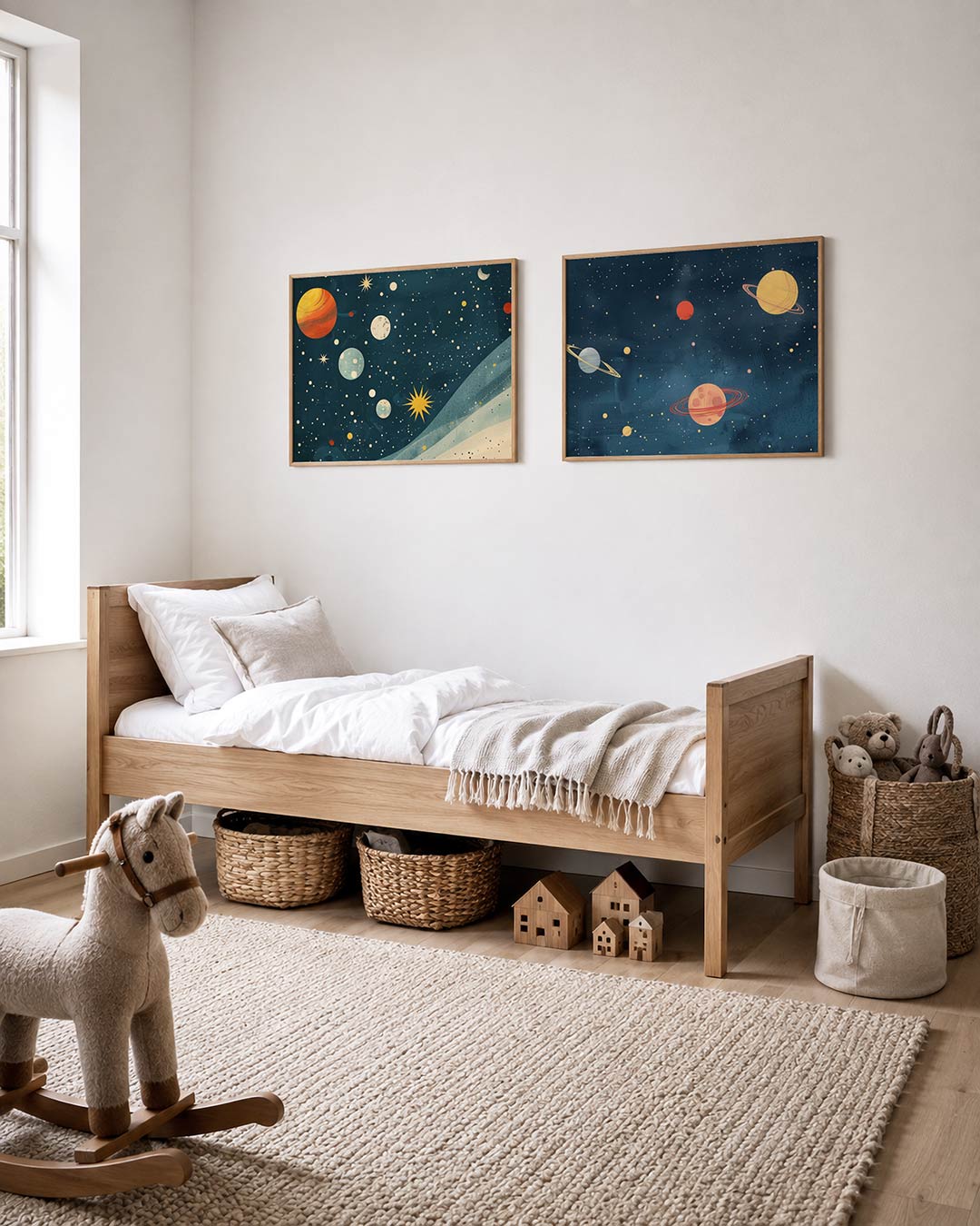 Tweedelige posterset met donkere tinten en een rustige visuele opbouw, getoond in een interieur