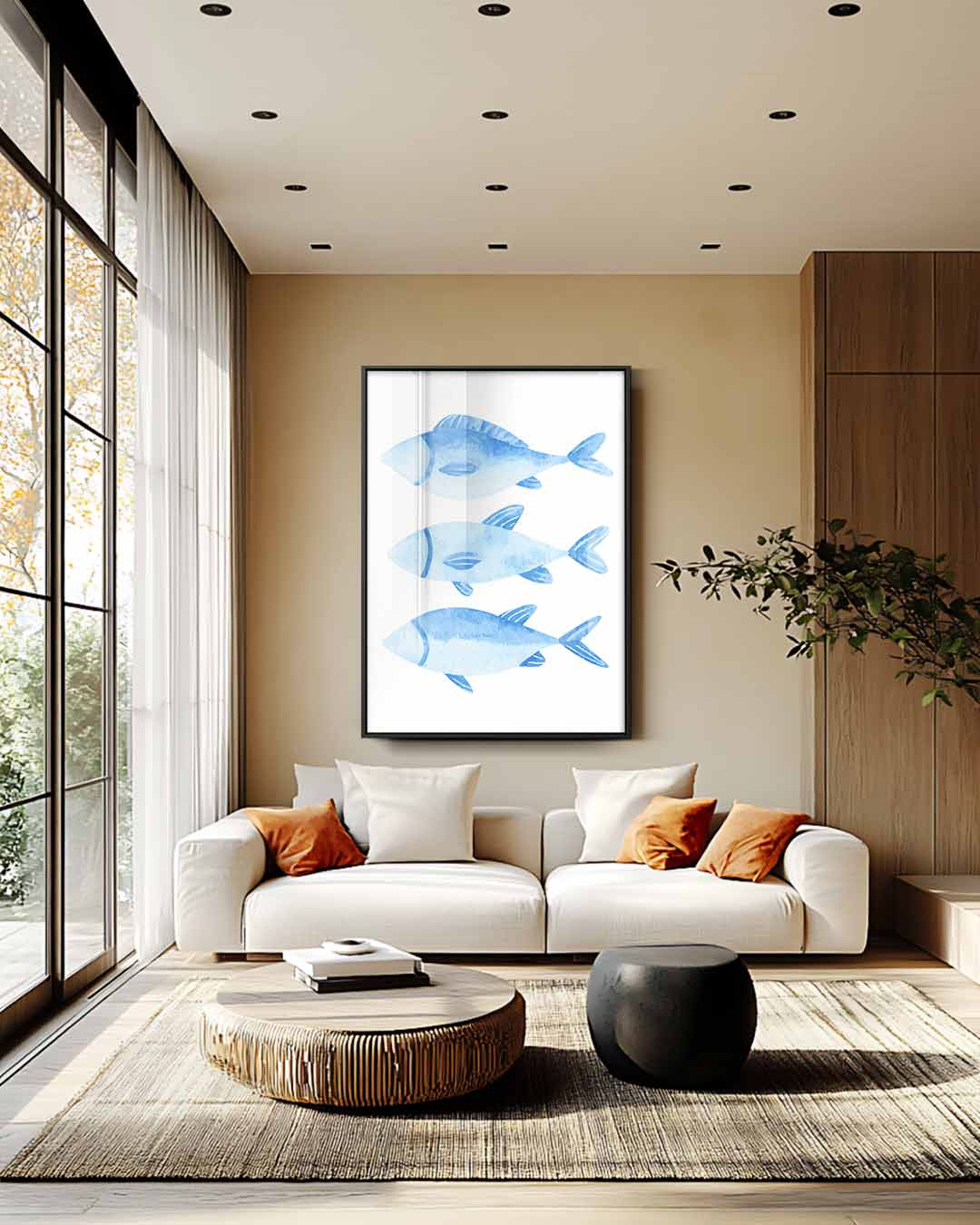 Blauw Waterverf Vissen Trio Kunstwerk-canvas-dibond-plexiglas-wanddecoratie-WallArtistic