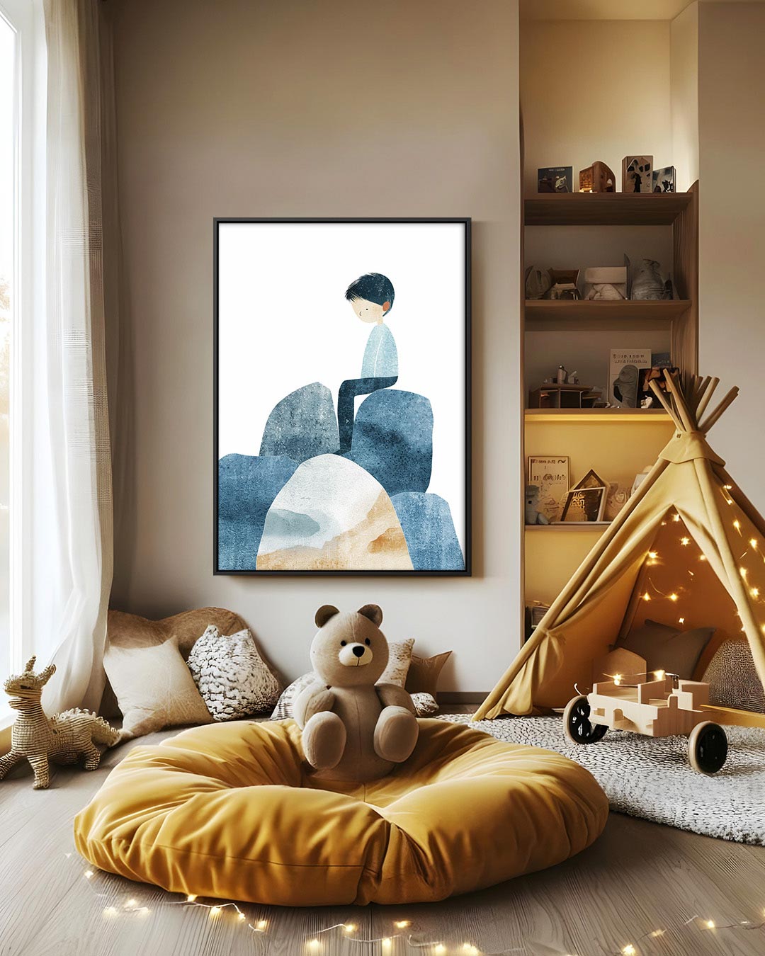 Zittende figuur op rotsen Kunstwerk