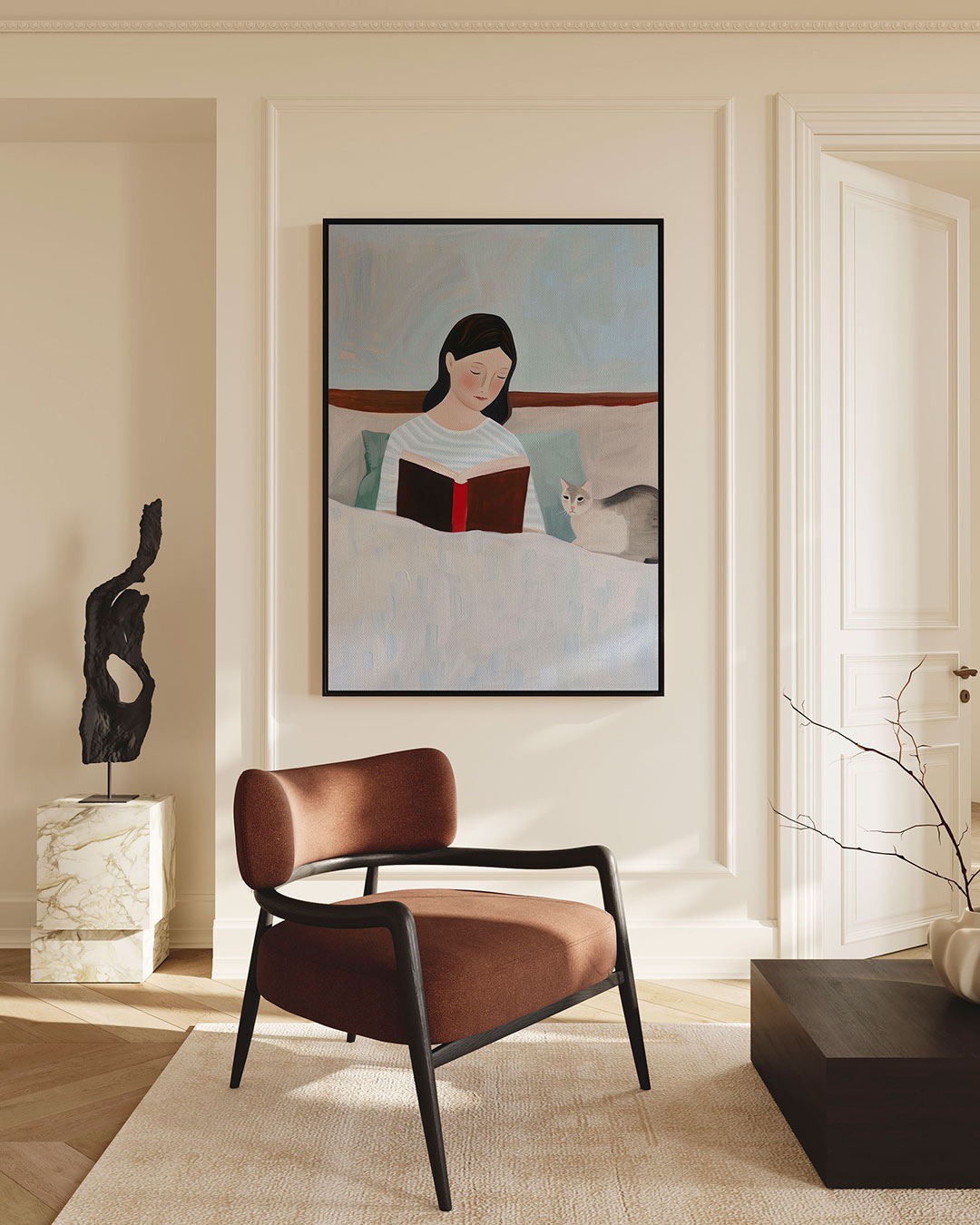 Lezende vrouw met kat Kunstwerk