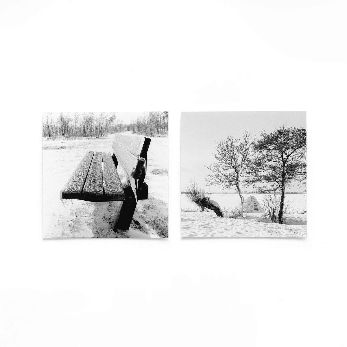 Productfoto van twee vierkante posters met winterstilte in zwart wit – Gerald Emming