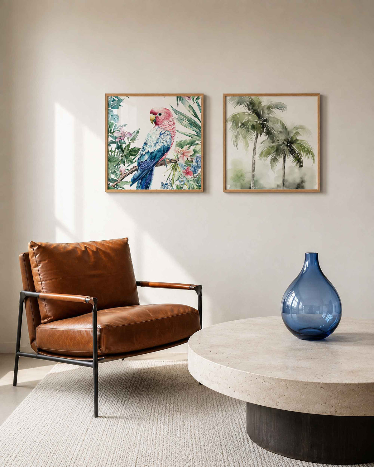 Interieurpresentatie van een tweedelige vierkante posterset met papegaai en palmbomen