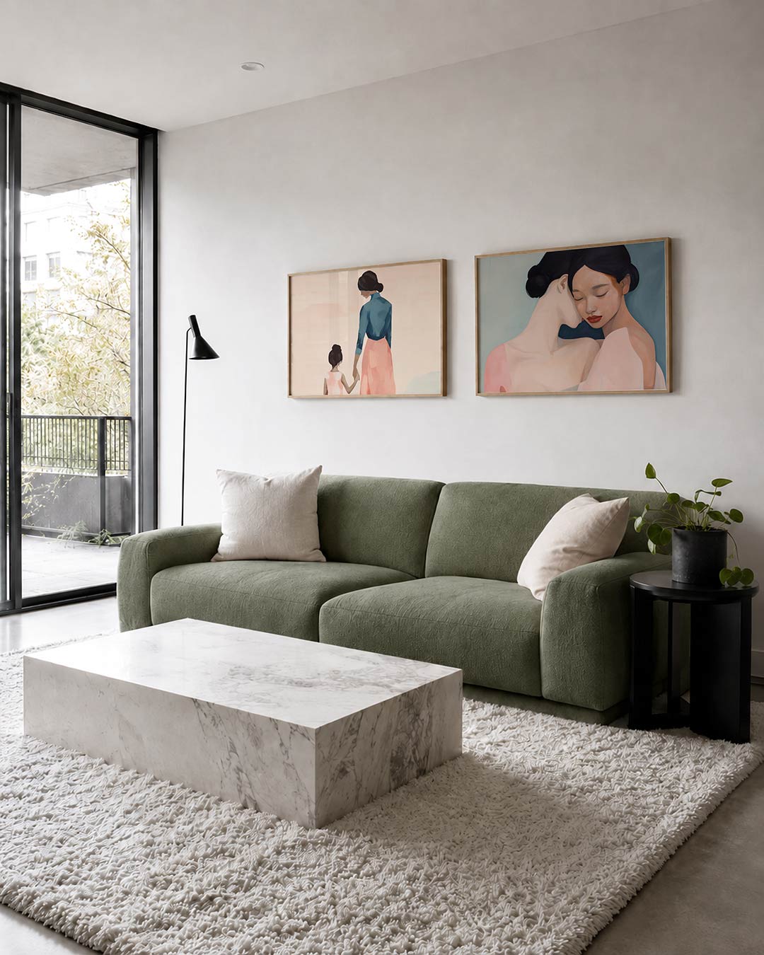 Tweedelige posterset met twee figuren in zachte tinten, getoond in een interieur