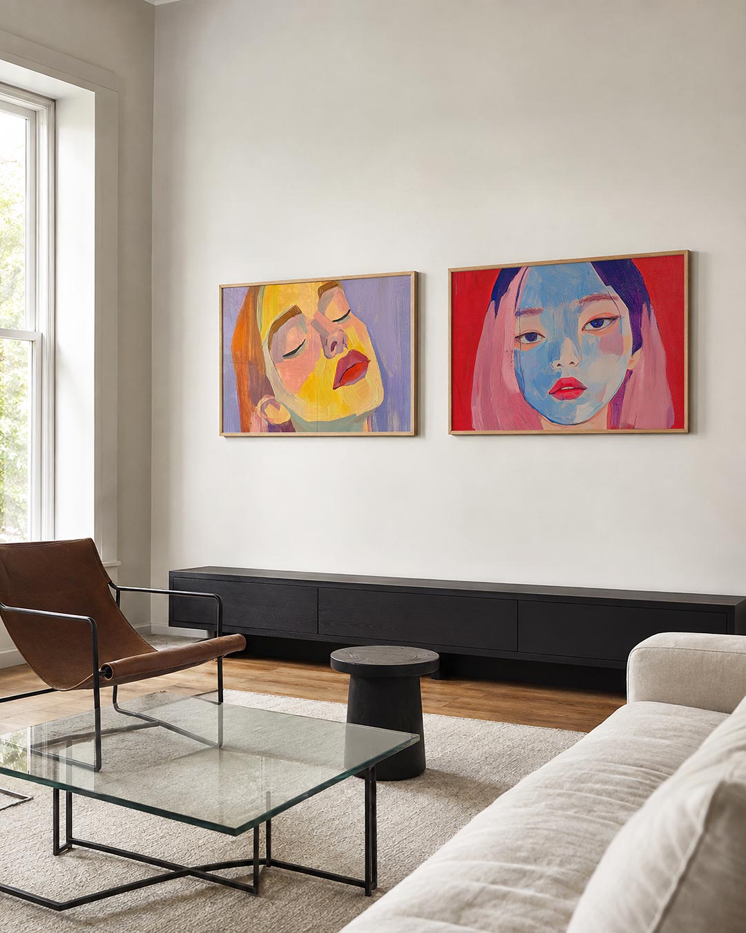 Twee liggende posters met een gezicht in levendige kleurvlakken, aan de muur in een interieur