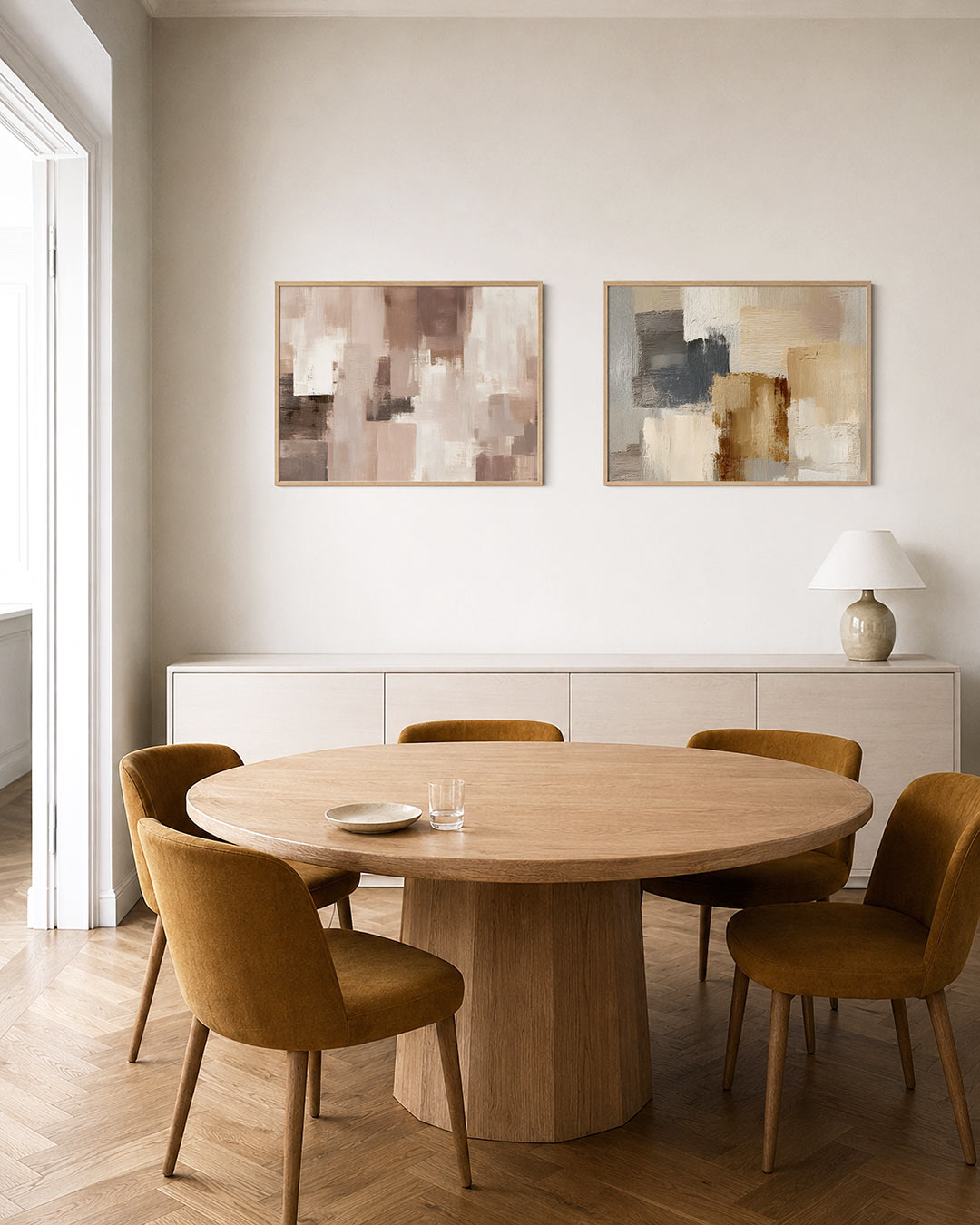Tweedelige posterset met rechthoekige kleurvlakken in warme beige en bruine tinten, getoond in een interieur