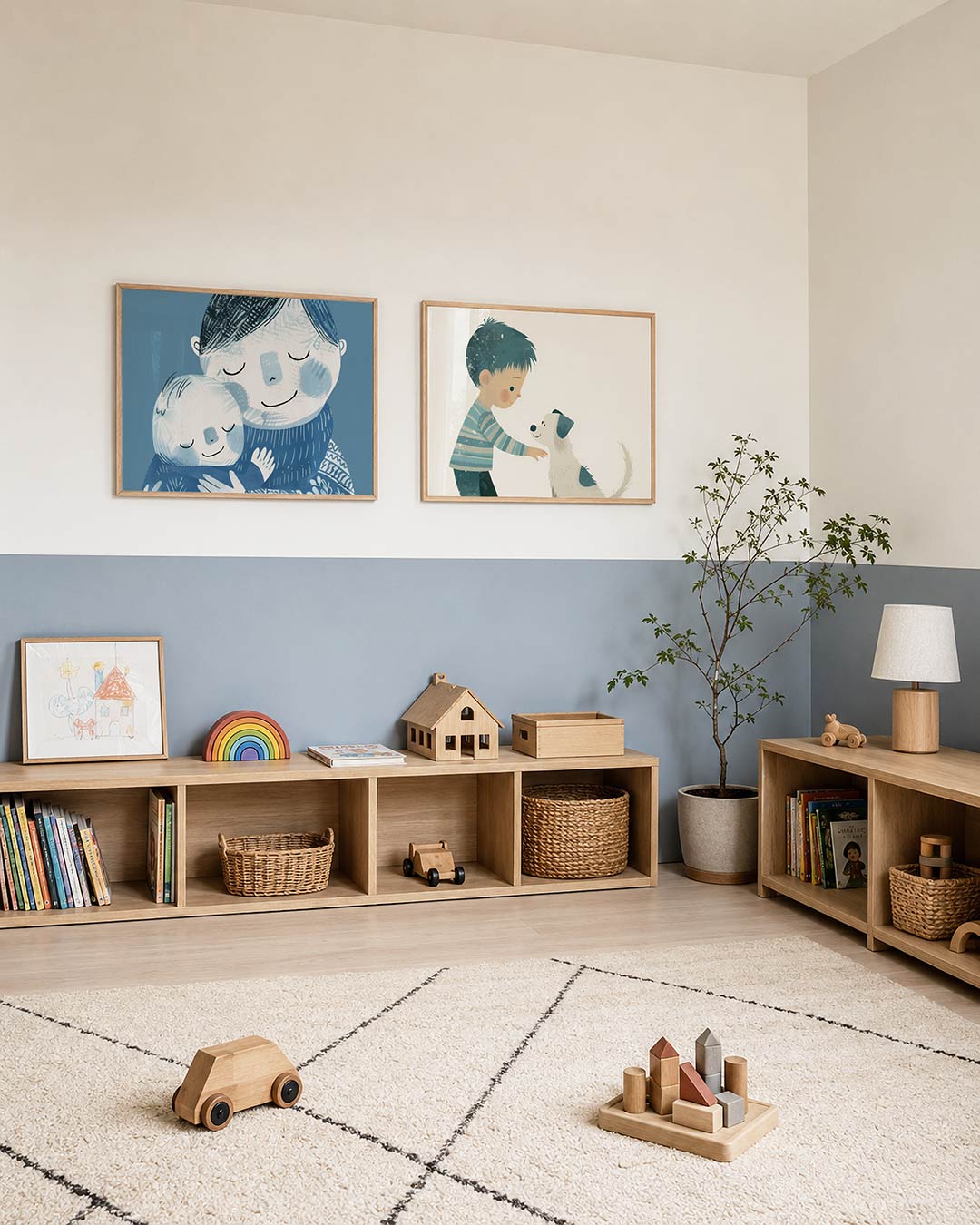 Twee liggende posters met twee figuren omarmen elkaar in een zee van blauw, aan de muur in een interieur