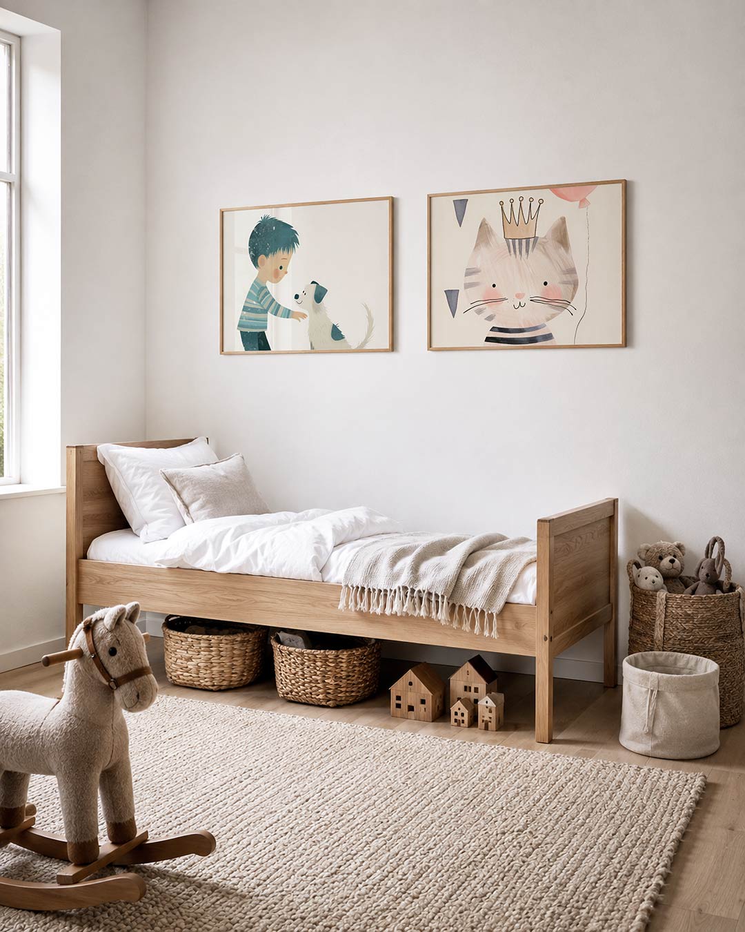 Tweedelige posterset met donkere tinten en een rustige visuele opbouw, getoond in een interieur