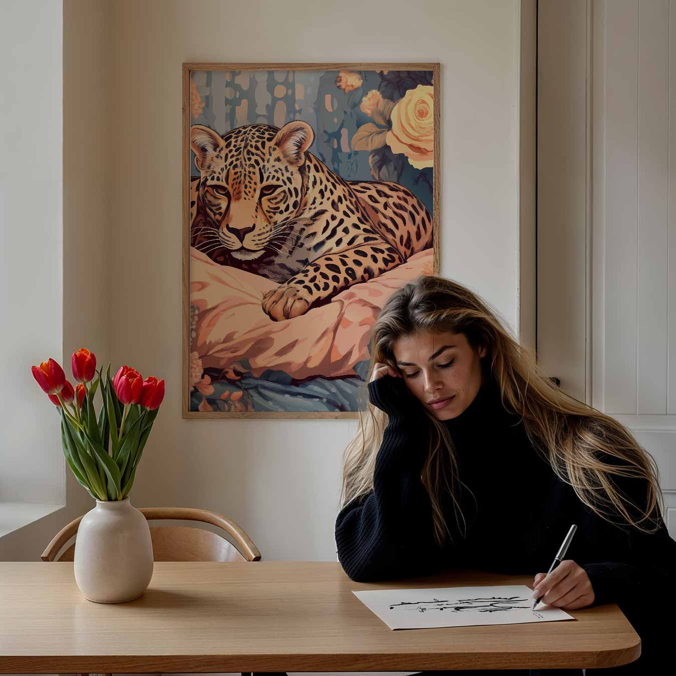 Sierlijke Luipaard Bloemen Poster-WallArtistic