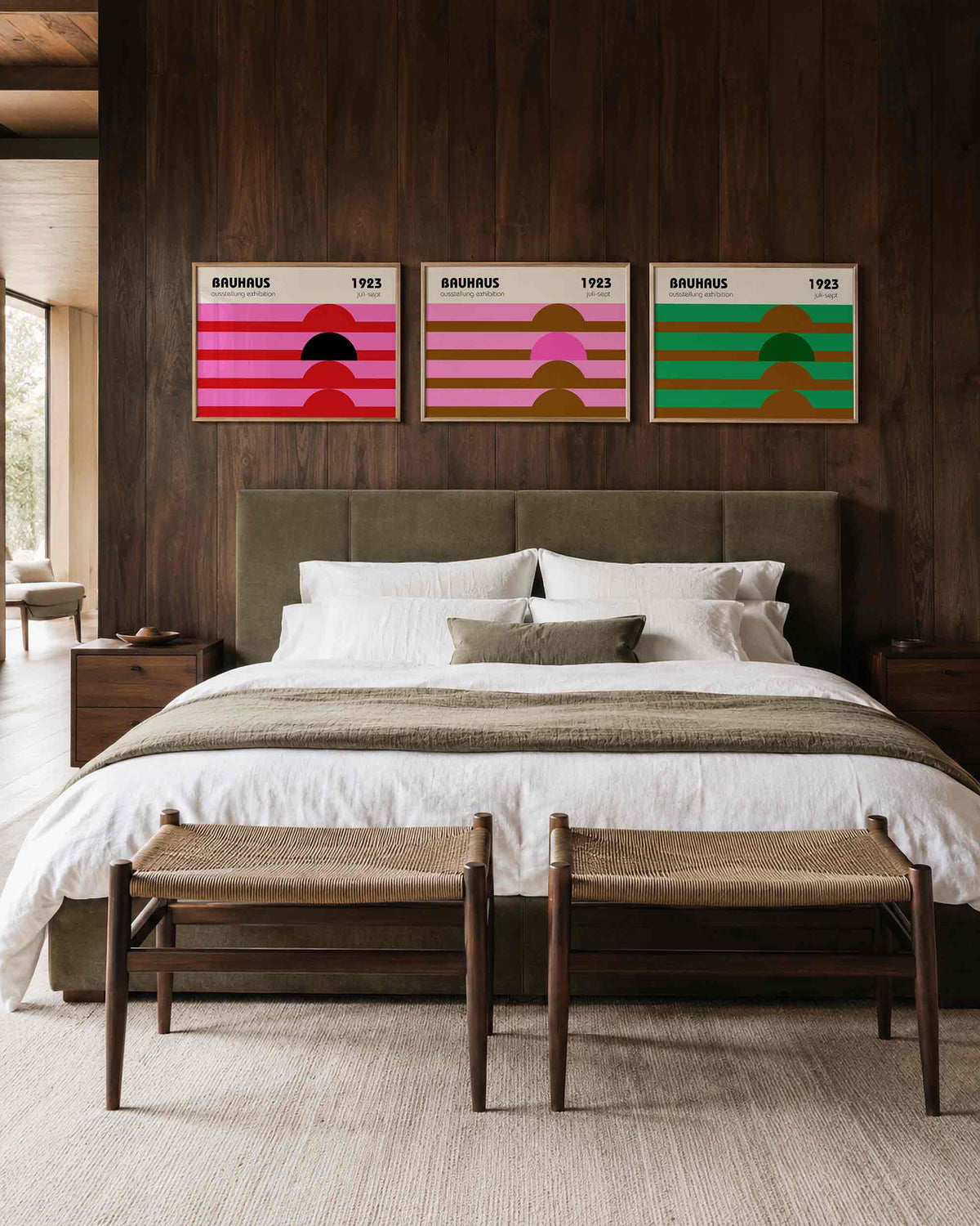 Interieurmockup van drieluik landscape-posterset met halve cirkels en kleurbanen