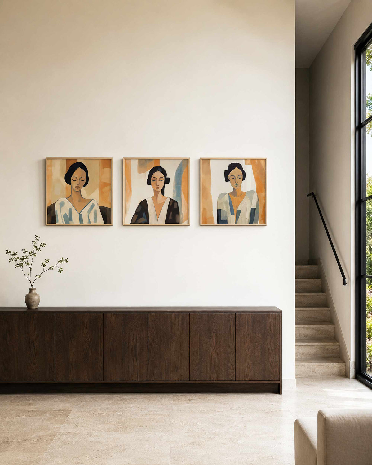 Interieurpresentatie van een driedelige vierkante posterset met gestileerde vrouwenportretten