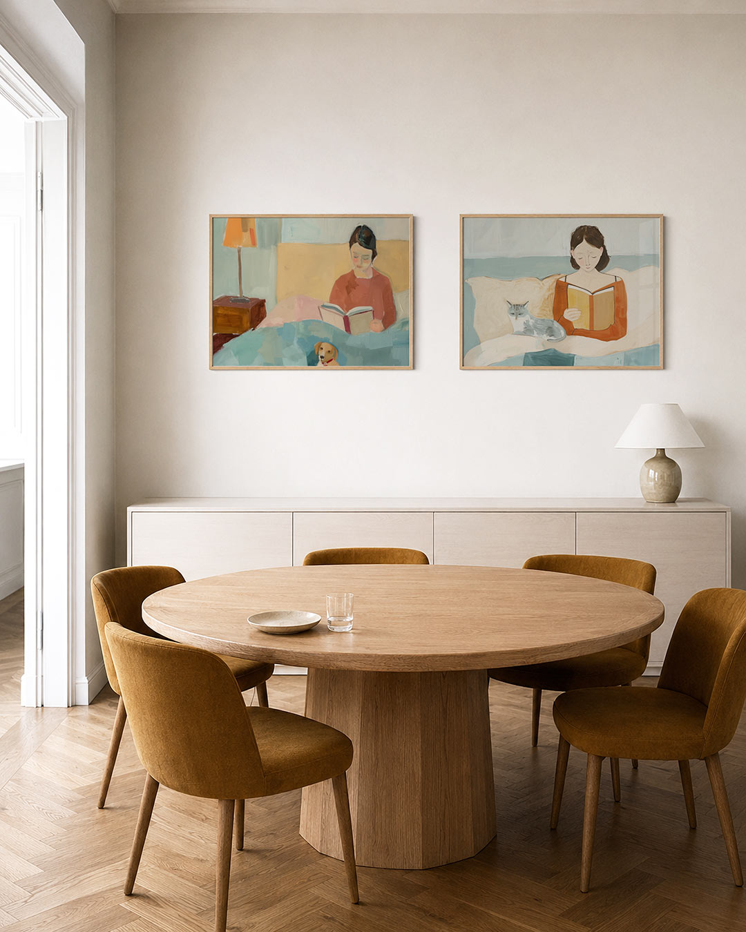 Twee liggende posters met een vrouw met een boek in bed, omringd door zachte pastelkleuren, aan de muur in een interieur