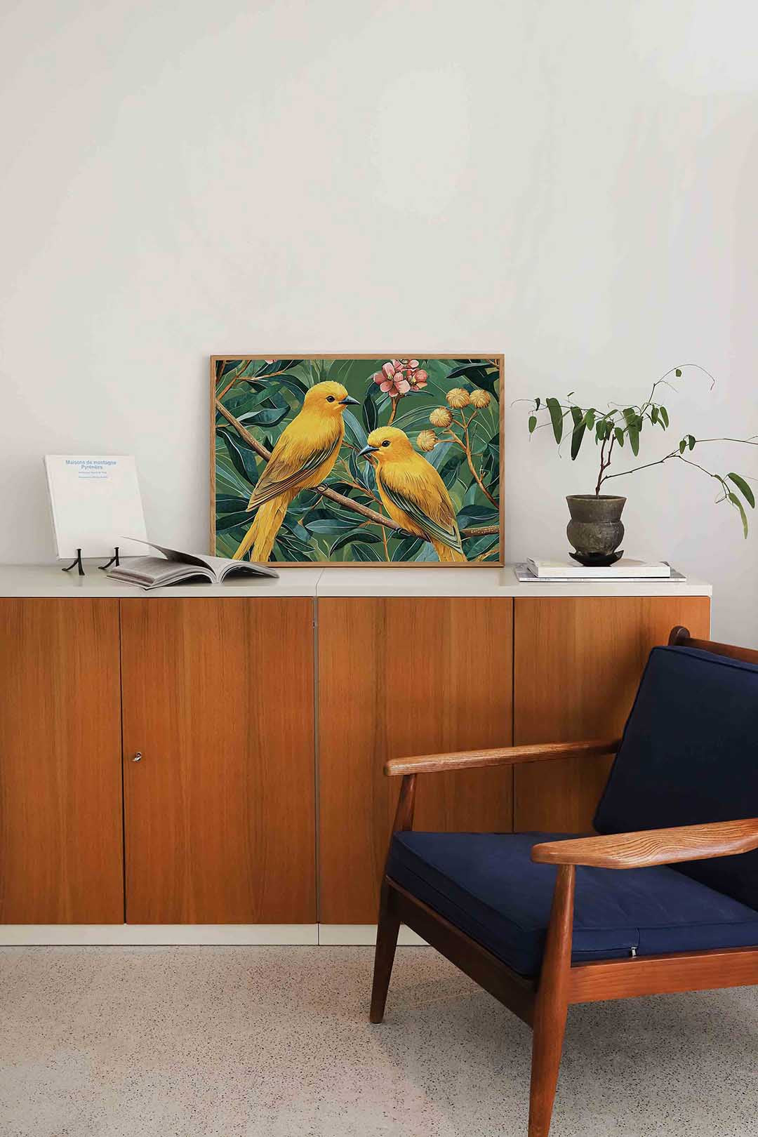 Gele vogels en bladeren Poster