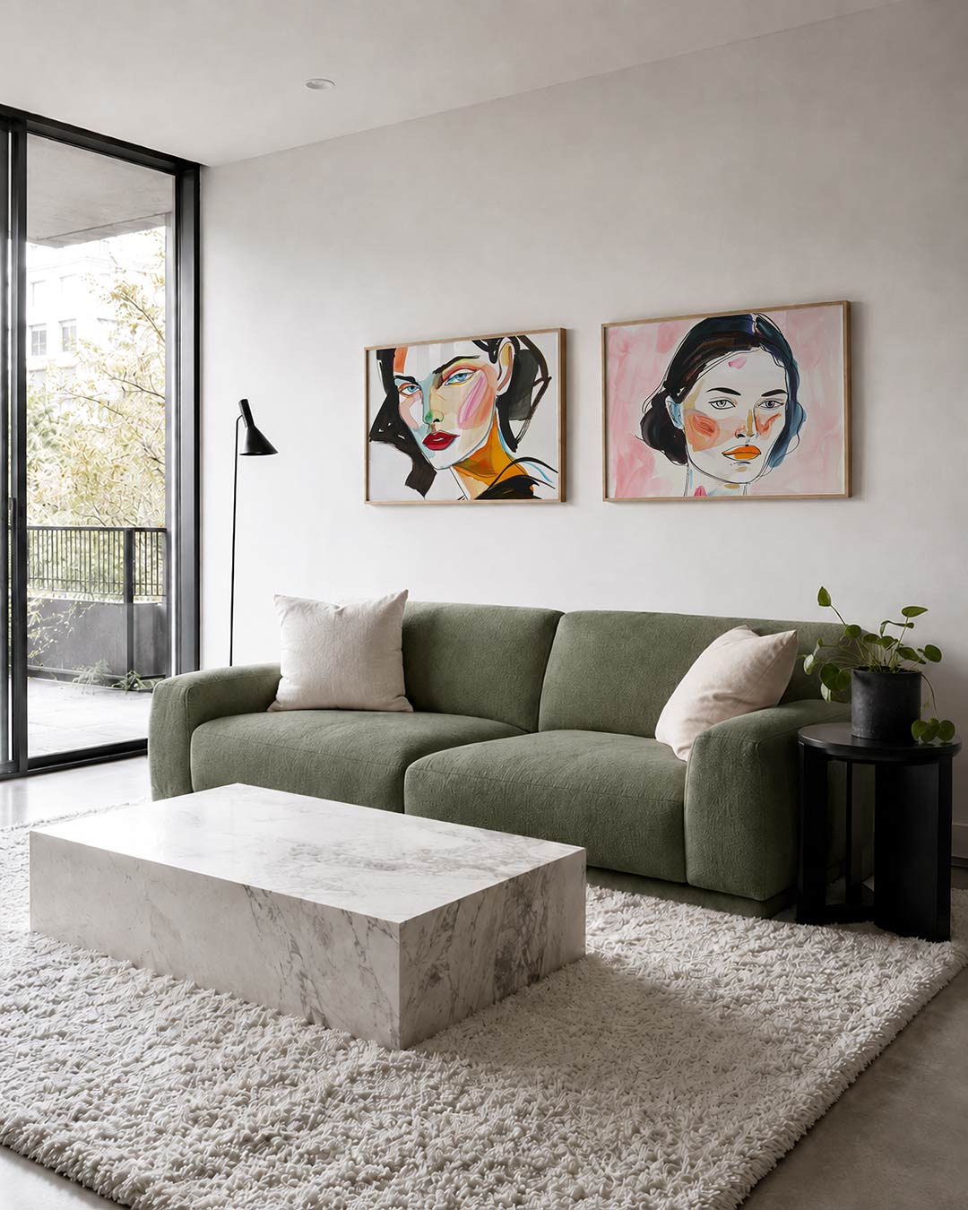 Twee liggende posters met een gezicht opgebouwd uit vloeiende lijnen en kleurvlakken, aan de muur in een interieur