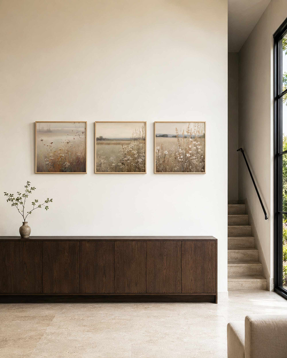 Interieurpresentatie van een driedelige vierkante posterset met bloemenveld landschap