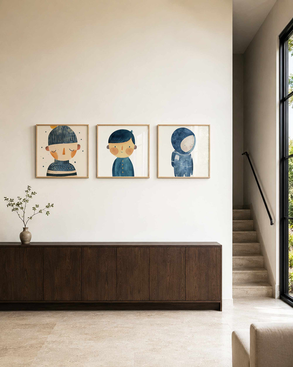 Interieurpresentatie van een driedelige vierkante posterset met ruimtefiguren
