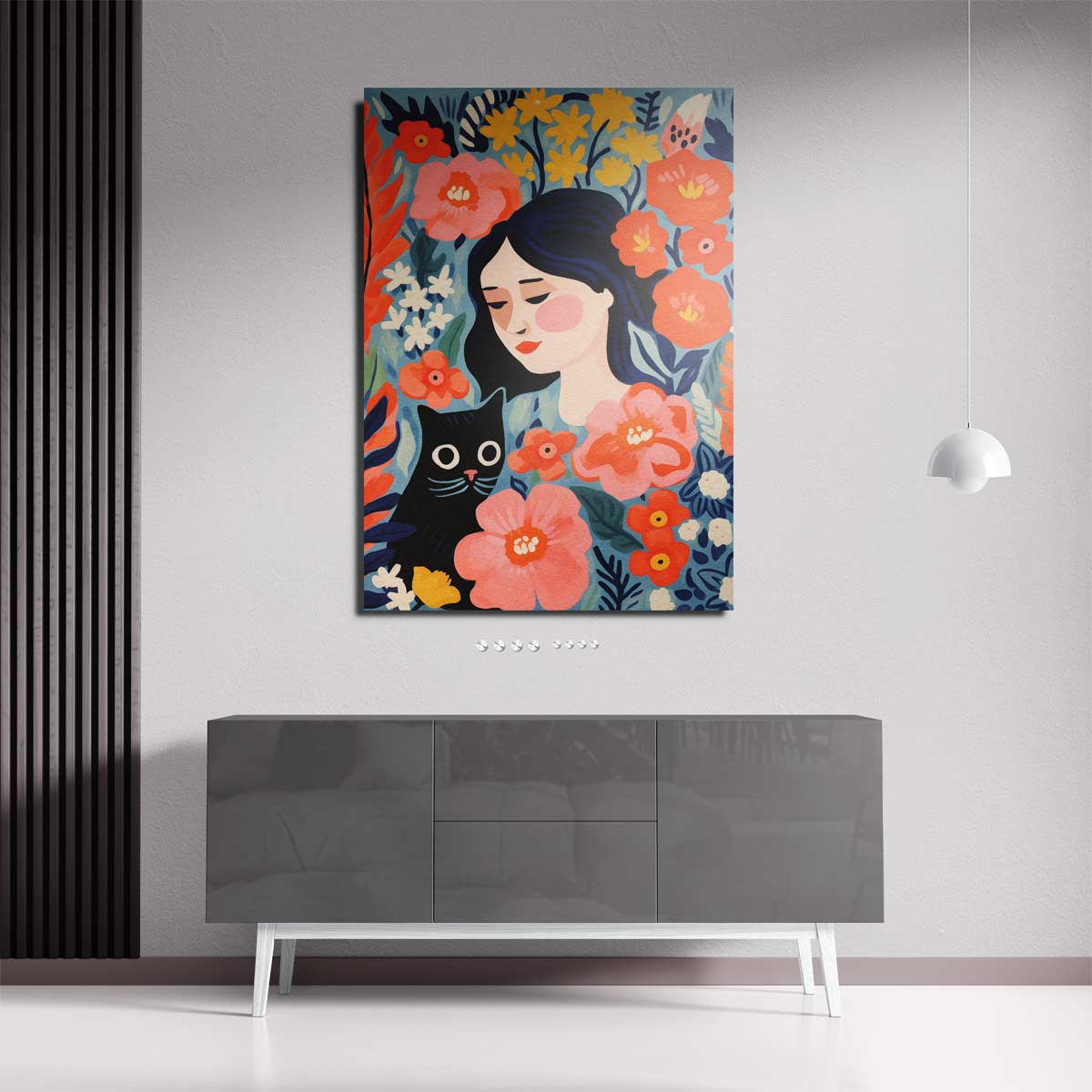 Bloemendroom met Kat Kunstwerk-canvas-dibond-plexiglas-wanddecoratie-WallArtistic
