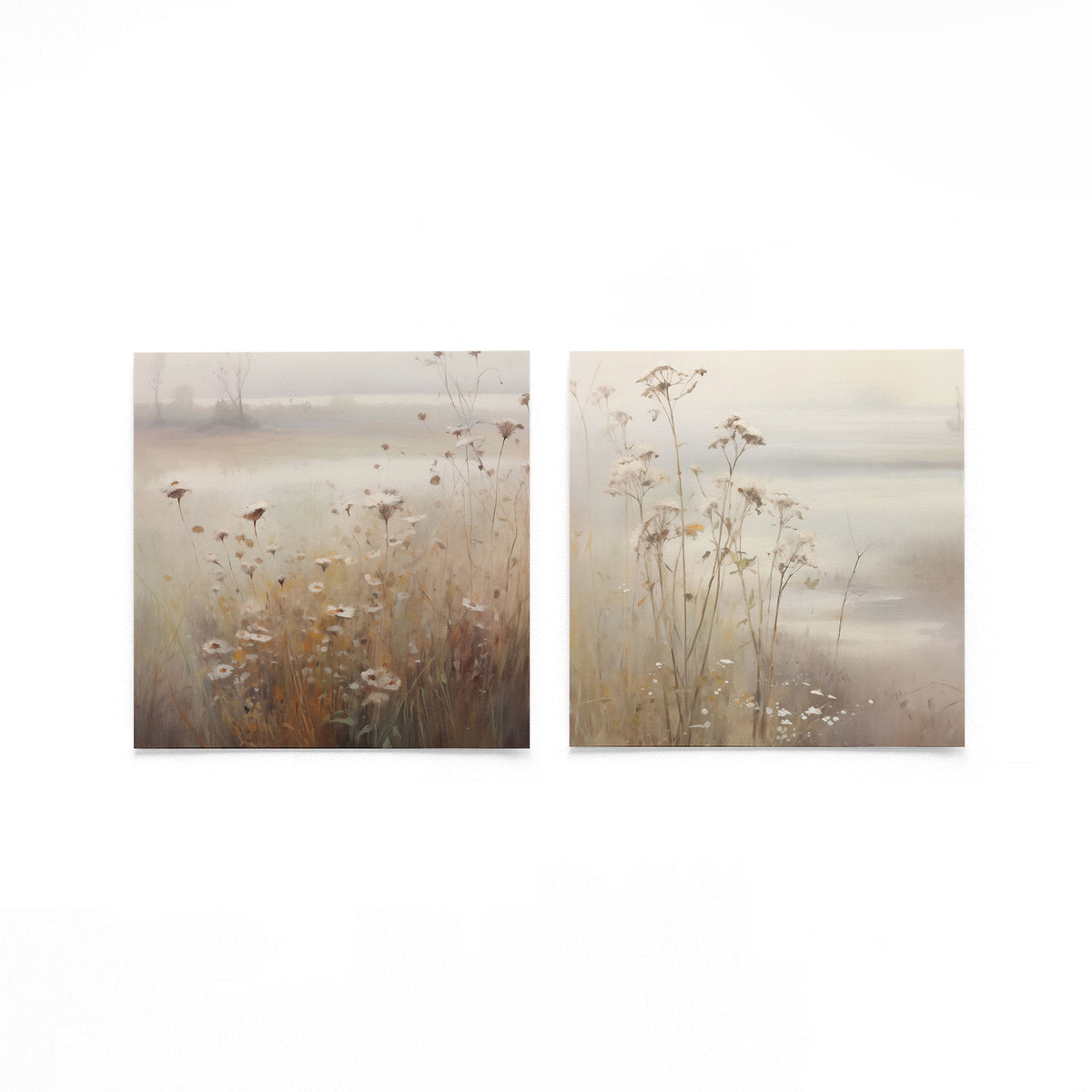 Twee vierkante posters met wilde bloemen op een gebroken witte achtergrond