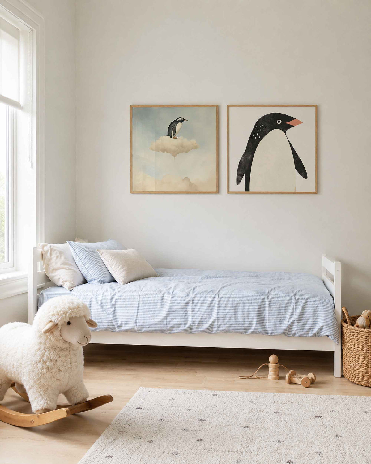 Interieurpresentatie van een tweedelige vierkante posterset met pinguïns in de wolken