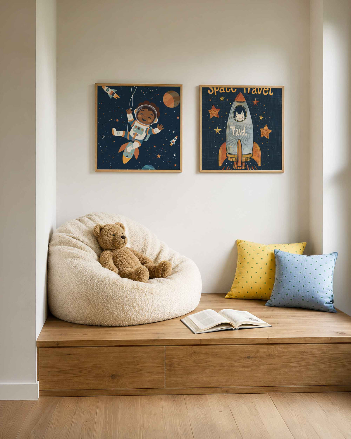 Interieurpresentatie van een tweedelige vierkante posterset met ruimtevaarder en kat