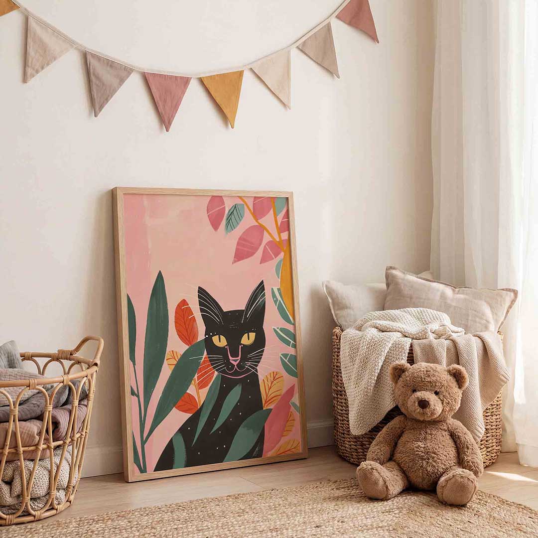 Zwarte kat met bladeren Poster