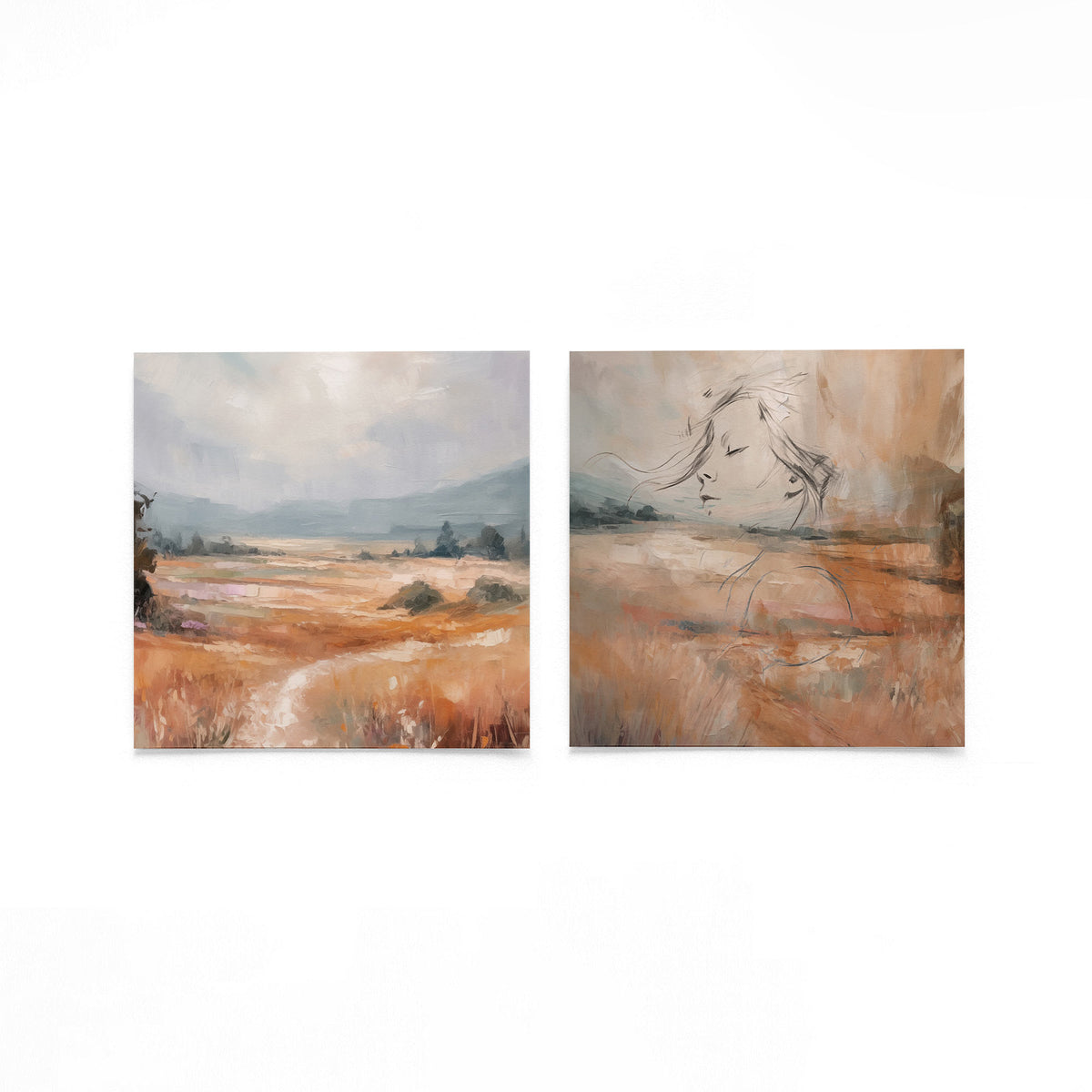 Twee vierkante posters met landschap en vrouw op een gebroken witte achtergrond