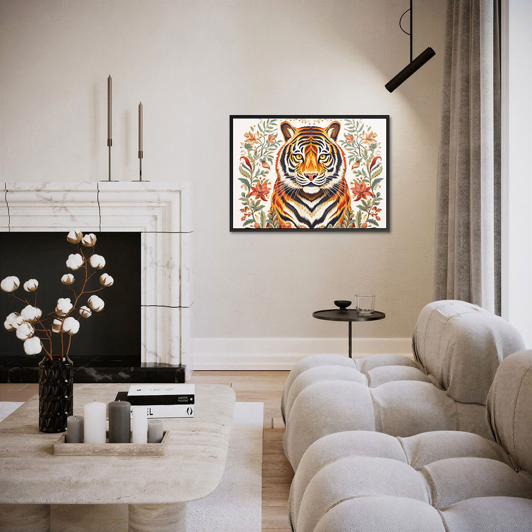 Tijgerportret met bloemen Kunstwerk
