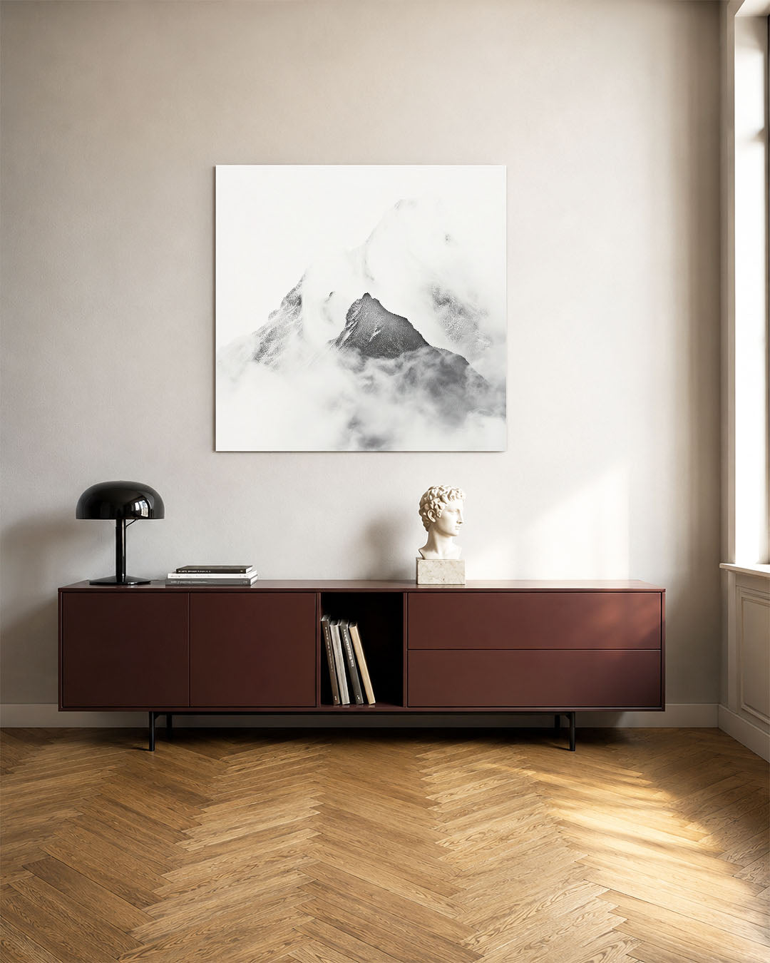 Berglandschap in mist Kunstwerk