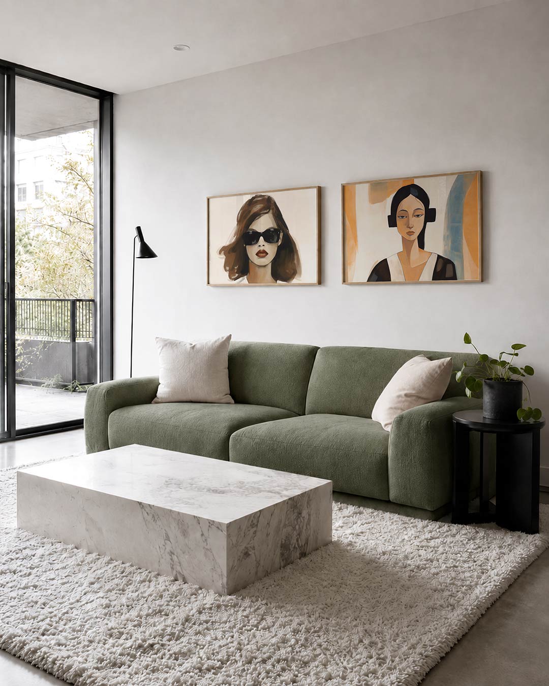 Twee liggende posters met een vrouw met donkere zonnebril en volle lippen, aan de muur in een interieur