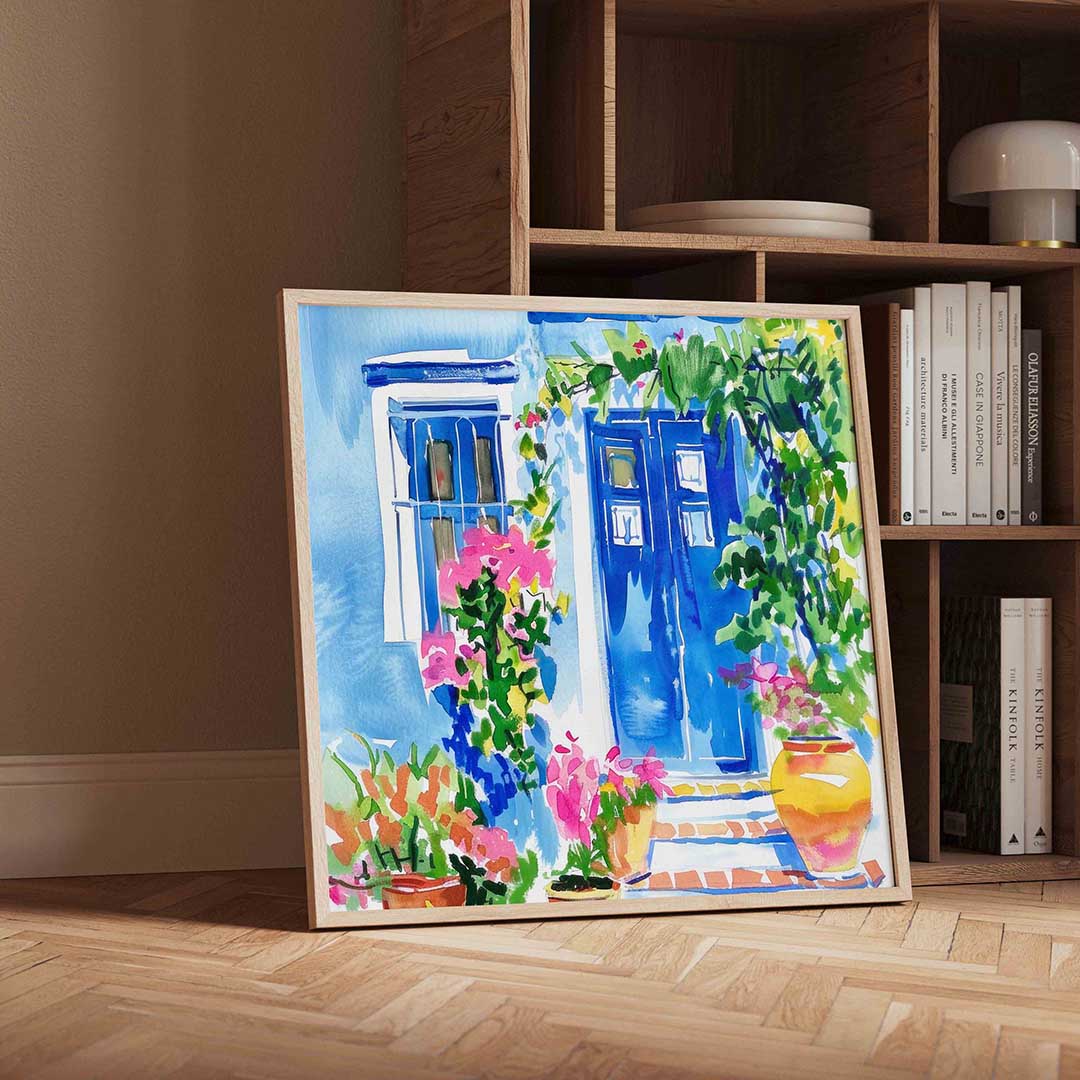 Blauwe deur en bloemen Poster
