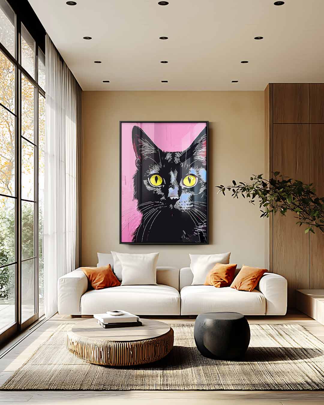 Cat with Yellow Eyes on Pink Background Artwork