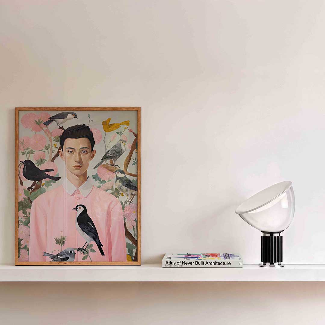 Vogels en man in roze Poster