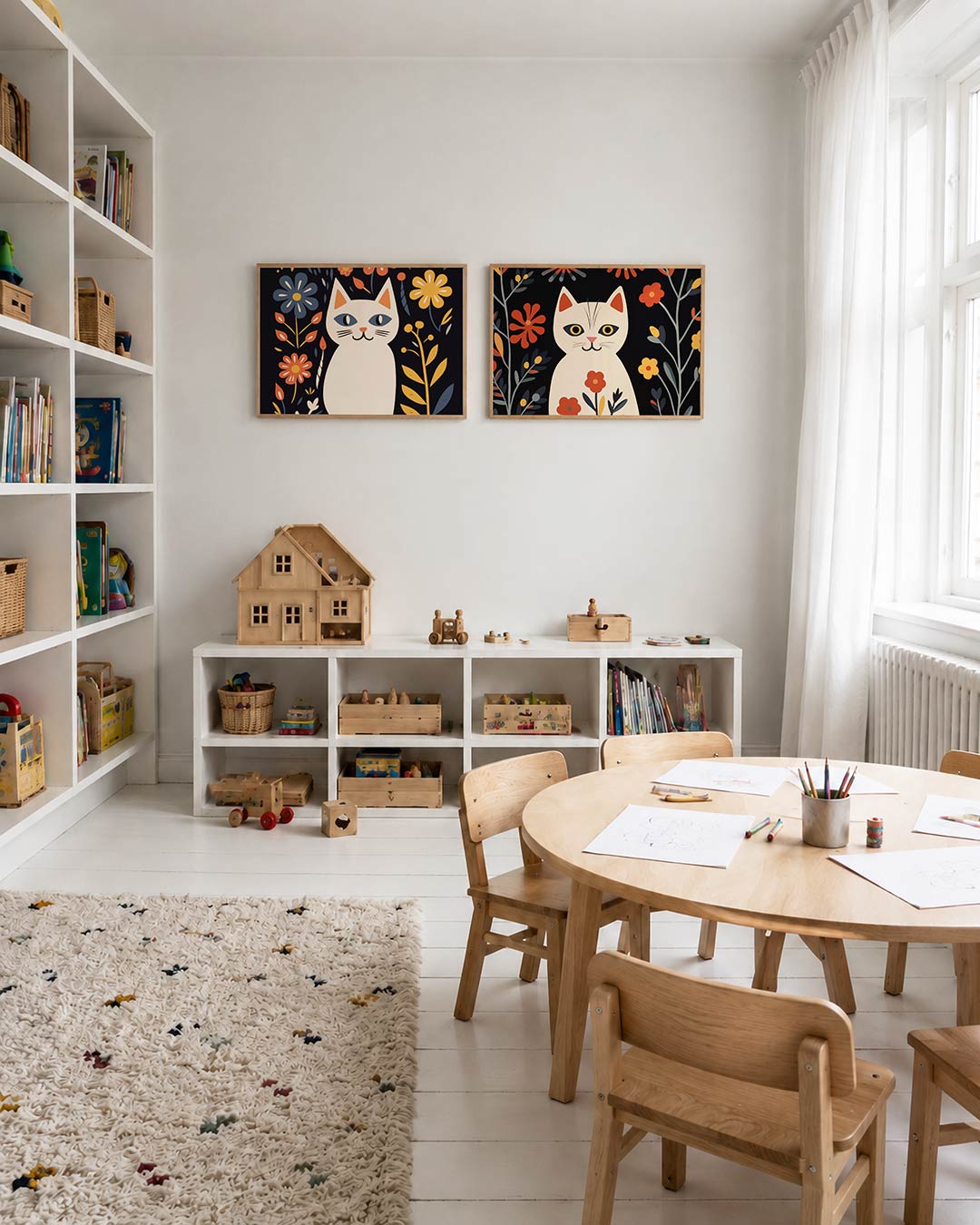 Tweedelige posterset met een speelse kat omringd door kleurrijke bloemen, getoond in een interieur