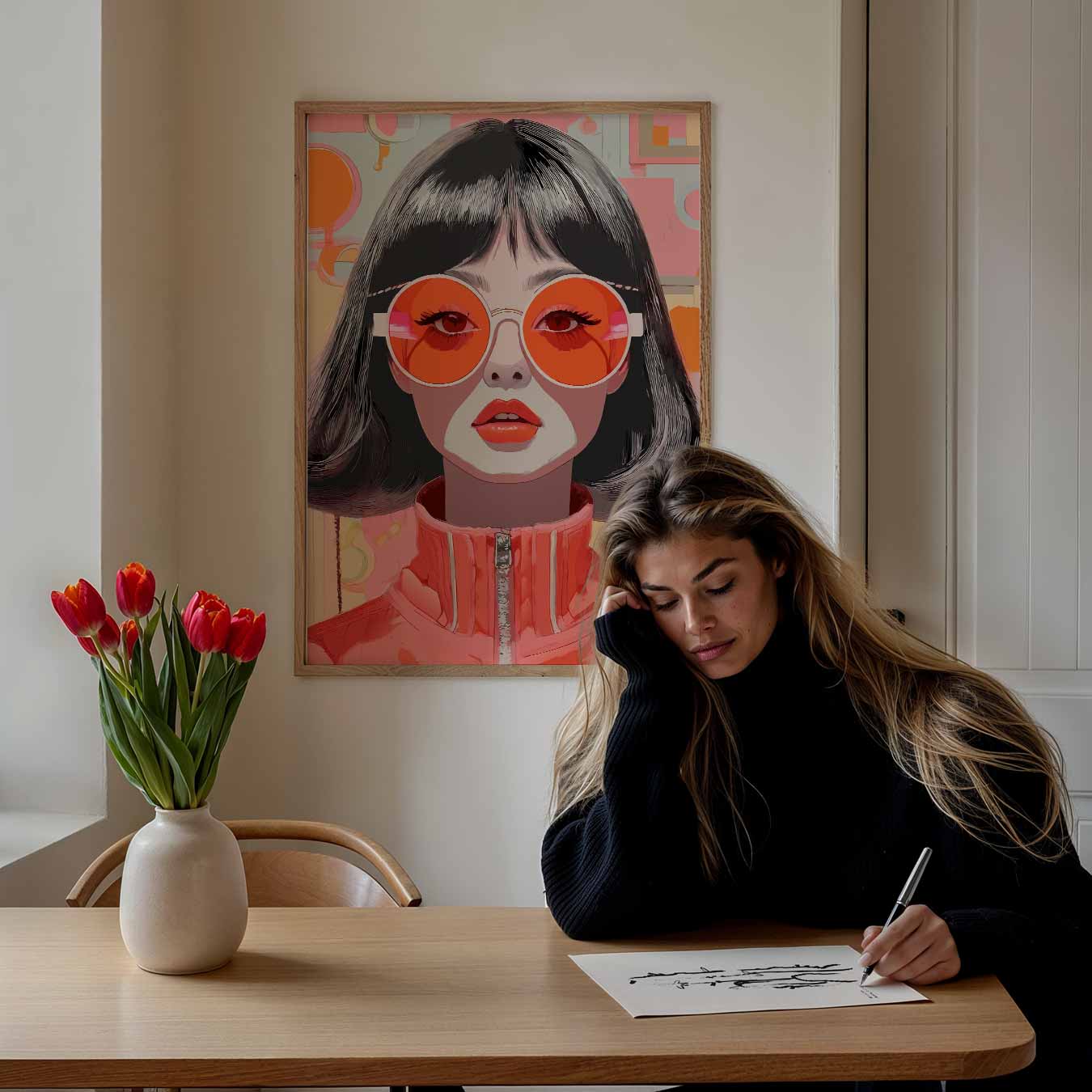 Retro Vrouw met Zonnebril Poster-WallArtistic