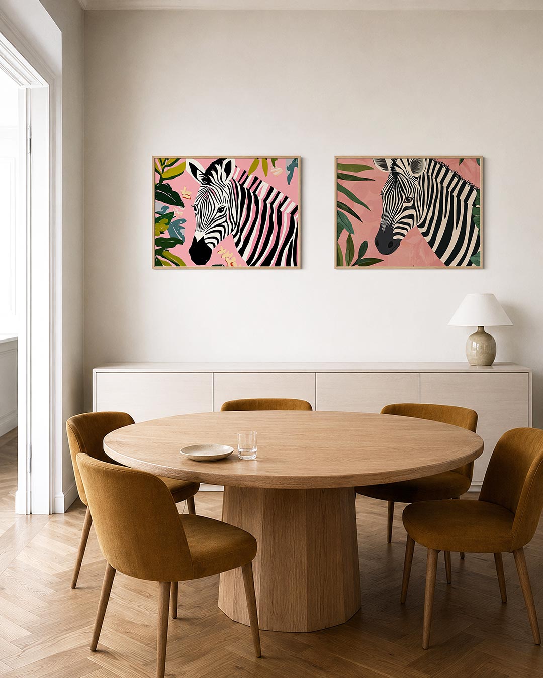 Twee liggende posters met een zebra met zwart-witte strepen op een roze achtergrond, aan de muur in een interieur